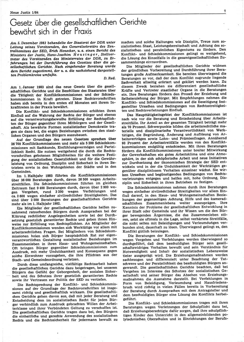 Neue Justiz (NJ), Zeitschrift für sozialistisches Recht und Gesetzlichkeit [Deutsche Demokratische Republik (DDR)], 38. Jahrgang 1984, Seite 7 (NJ DDR 1984, S. 7)