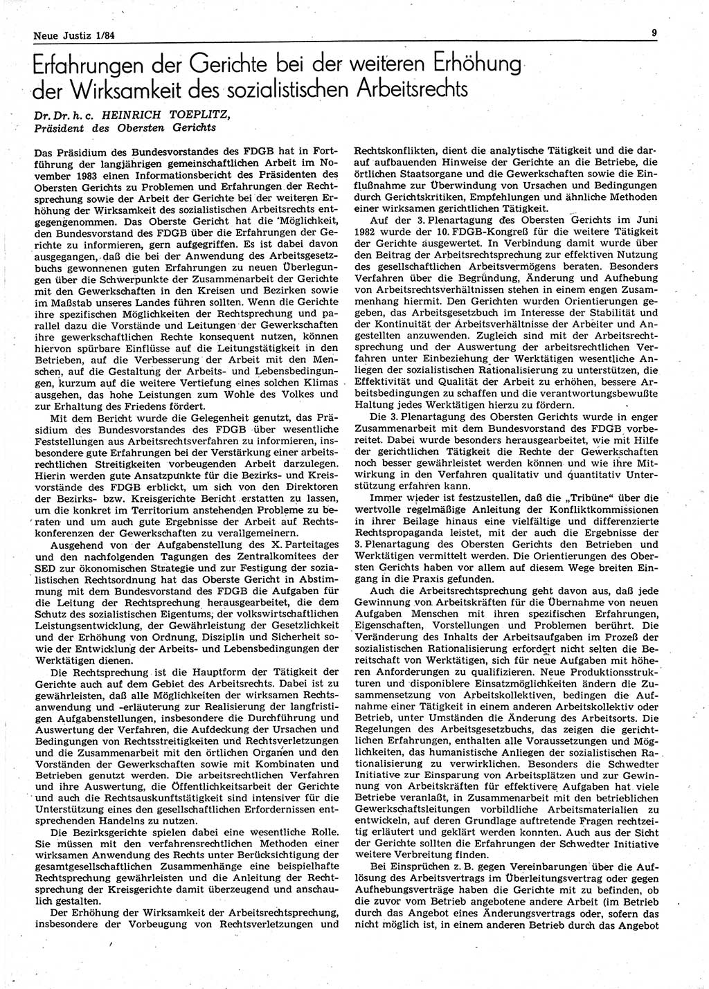 Neue Justiz (NJ), Zeitschrift für sozialistisches Recht und Gesetzlichkeit [Deutsche Demokratische Republik (DDR)], 38. Jahrgang 1984, Seite 9 (NJ DDR 1984, S. 9)