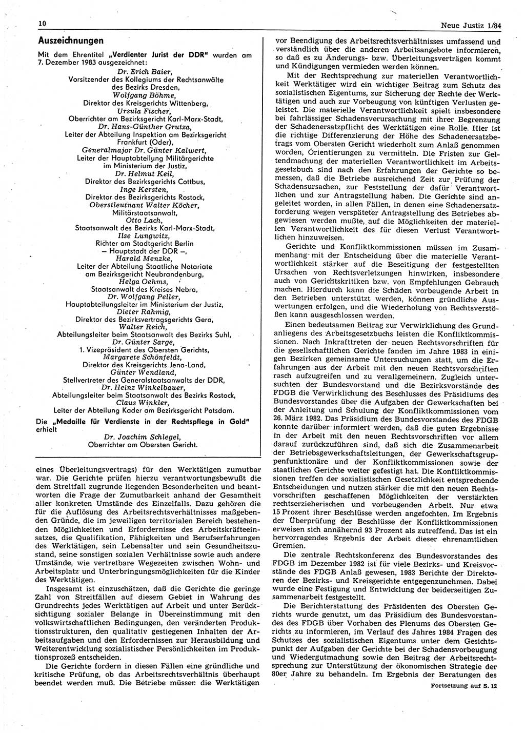Neue Justiz (NJ), Zeitschrift für sozialistisches Recht und Gesetzlichkeit [Deutsche Demokratische Republik (DDR)], 38. Jahrgang 1984, Seite 10 (NJ DDR 1984, S. 10)