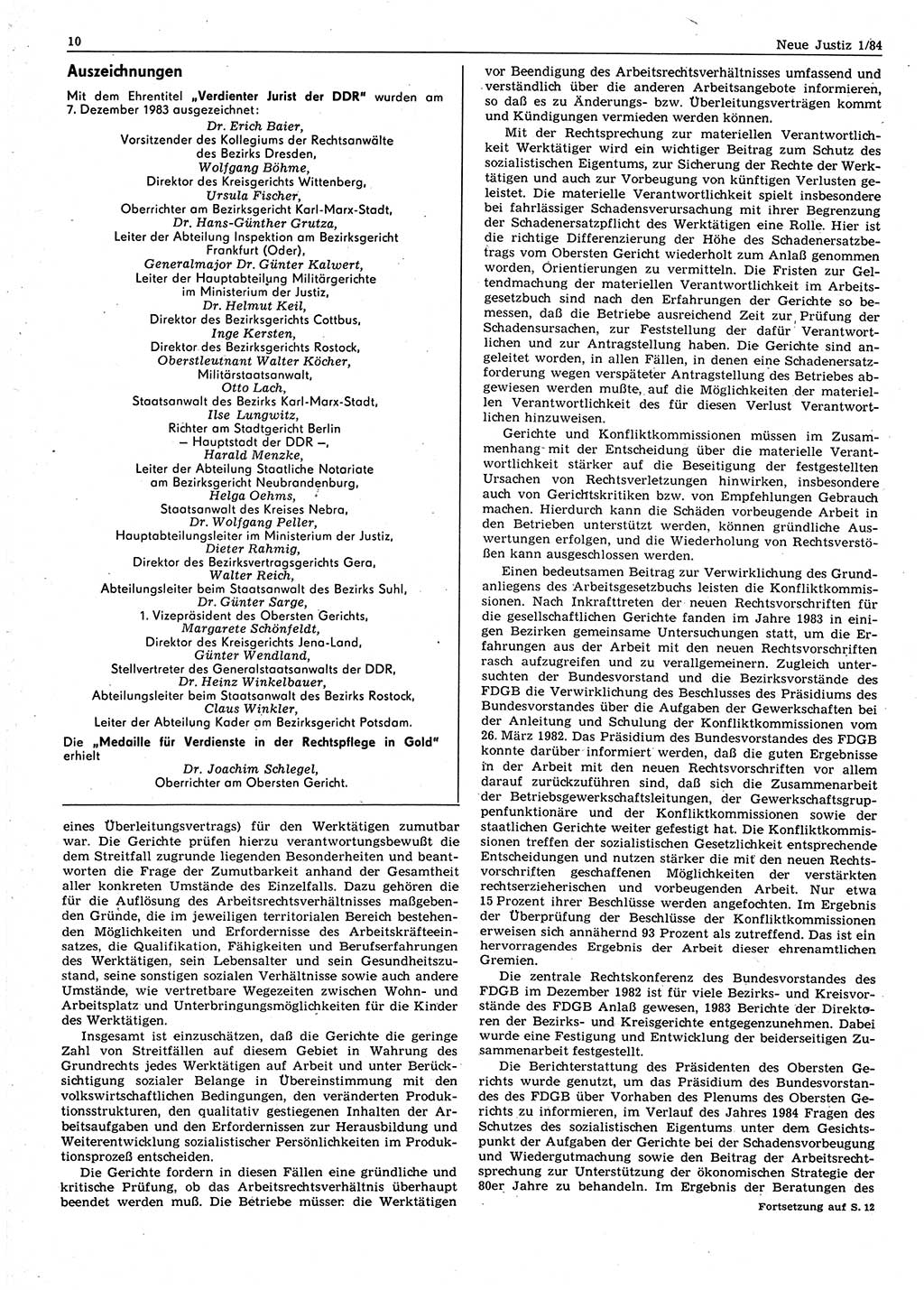 Neue Justiz (NJ), Zeitschrift für sozialistisches Recht und Gesetzlichkeit [Deutsche Demokratische Republik (DDR)], 38. Jahrgang 1984, Seite 10 (NJ DDR 1984, S. 10)