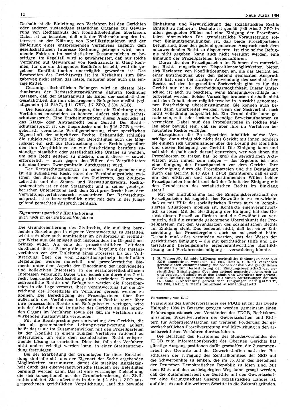 Neue Justiz (NJ), Zeitschrift für sozialistisches Recht und Gesetzlichkeit [Deutsche Demokratische Republik (DDR)], 38. Jahrgang 1984, Seite 12 (NJ DDR 1984, S. 12)