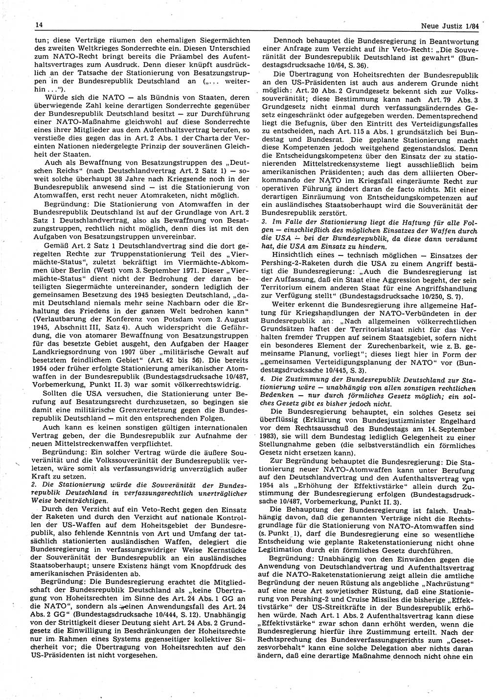 Neue Justiz (NJ), Zeitschrift für sozialistisches Recht und Gesetzlichkeit [Deutsche Demokratische Republik (DDR)], 38. Jahrgang 1984, Seite 14 (NJ DDR 1984, S. 14)