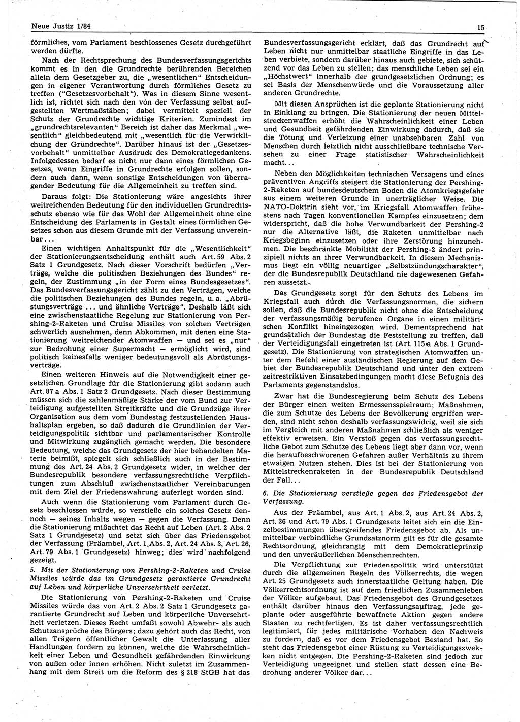 Neue Justiz (NJ), Zeitschrift für sozialistisches Recht und Gesetzlichkeit [Deutsche Demokratische Republik (DDR)], 38. Jahrgang 1984, Seite 15 (NJ DDR 1984, S. 15)