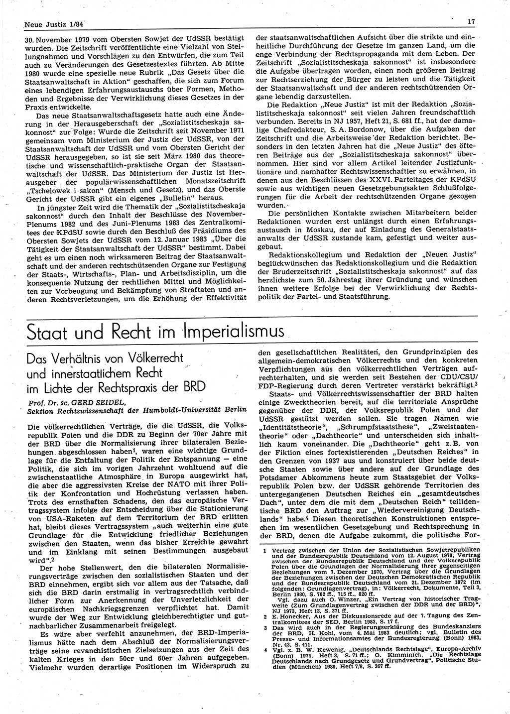 Neue Justiz (NJ), Zeitschrift für sozialistisches Recht und Gesetzlichkeit [Deutsche Demokratische Republik (DDR)], 38. Jahrgang 1984, Seite 17 (NJ DDR 1984, S. 17)