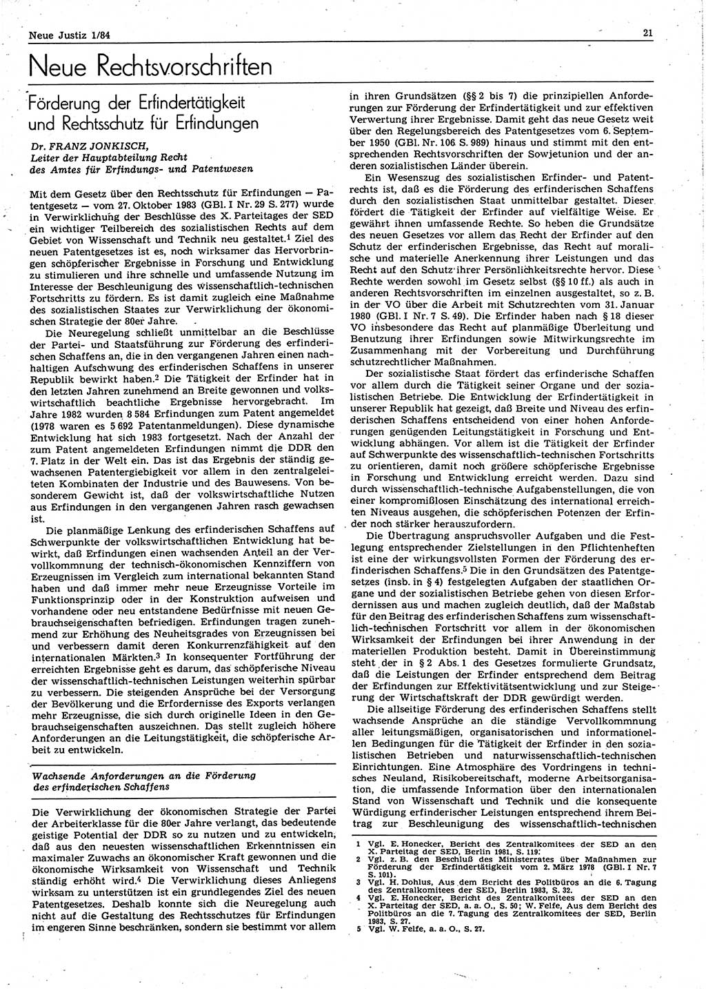 Neue Justiz (NJ), Zeitschrift für sozialistisches Recht und Gesetzlichkeit [Deutsche Demokratische Republik (DDR)], 38. Jahrgang 1984, Seite 21 (NJ DDR 1984, S. 21)