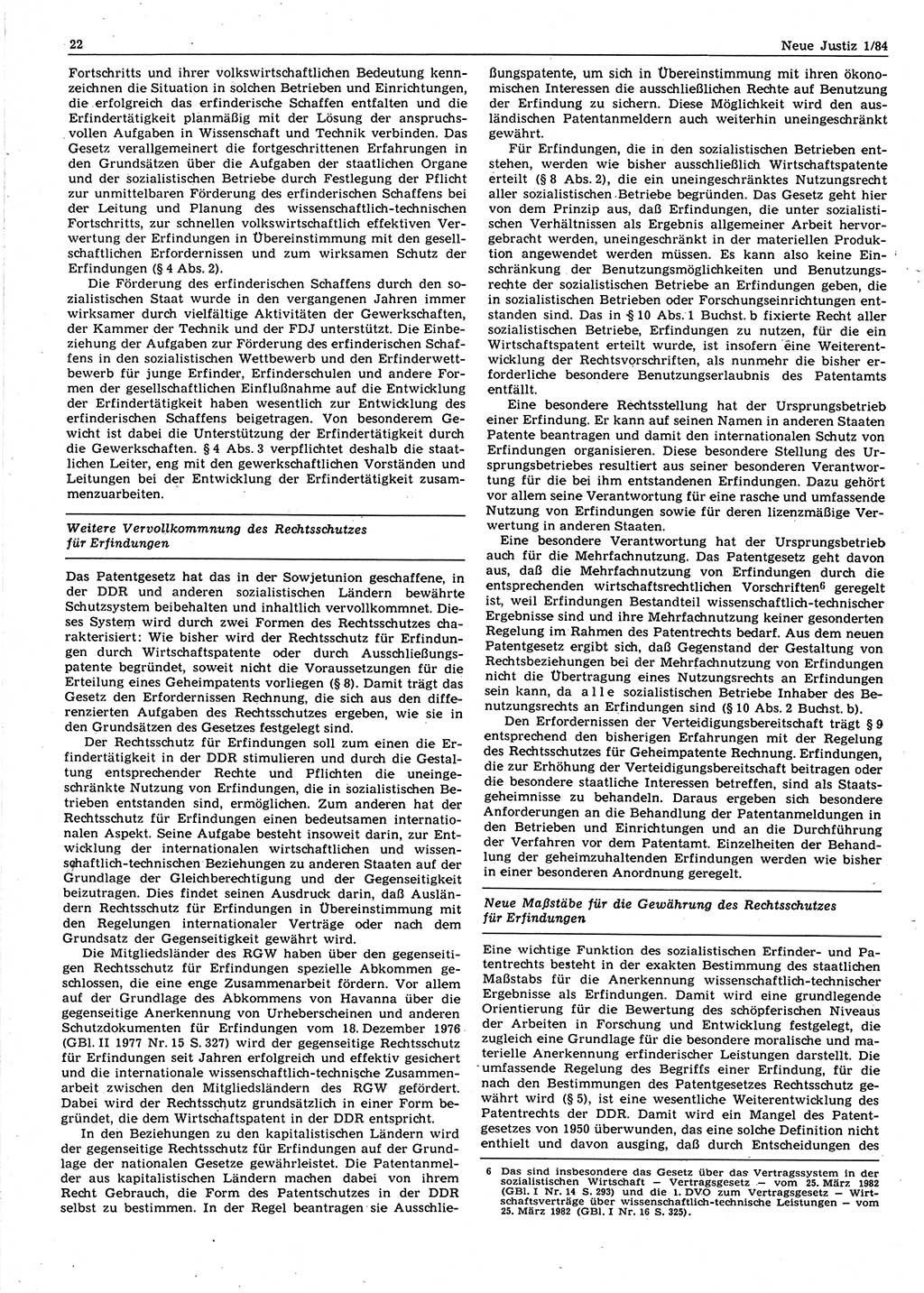 Neue Justiz (NJ), Zeitschrift für sozialistisches Recht und Gesetzlichkeit [Deutsche Demokratische Republik (DDR)], 38. Jahrgang 1984, Seite 22 (NJ DDR 1984, S. 22)