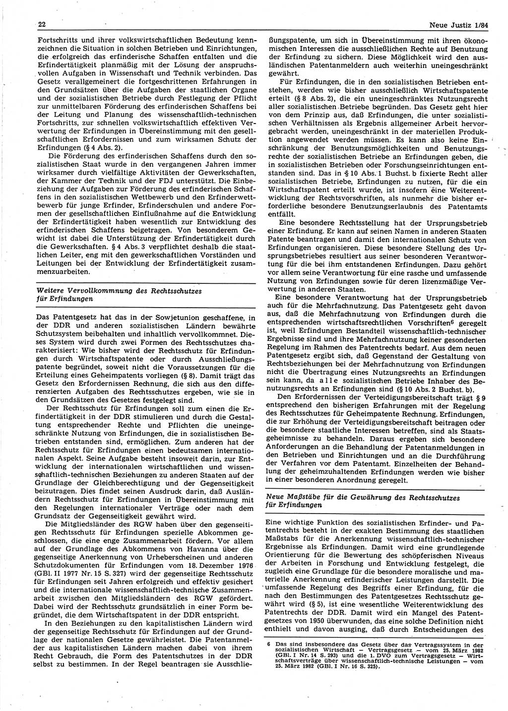 Neue Justiz (NJ), Zeitschrift für sozialistisches Recht und Gesetzlichkeit [Deutsche Demokratische Republik (DDR)], 38. Jahrgang 1984, Seite 22 (NJ DDR 1984, S. 22)