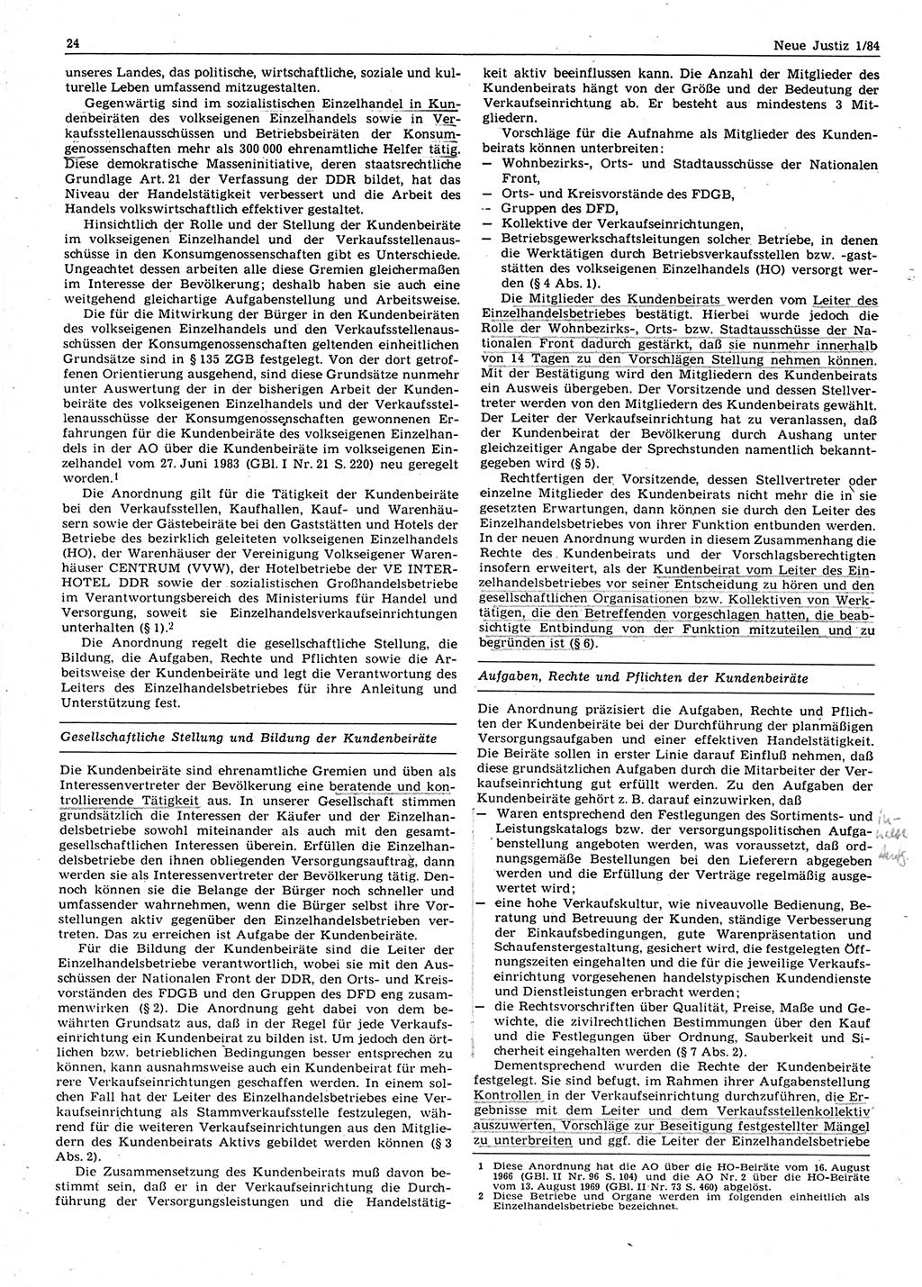Neue Justiz (NJ), Zeitschrift für sozialistisches Recht und Gesetzlichkeit [Deutsche Demokratische Republik (DDR)], 38. Jahrgang 1984, Seite 24 (NJ DDR 1984, S. 24)