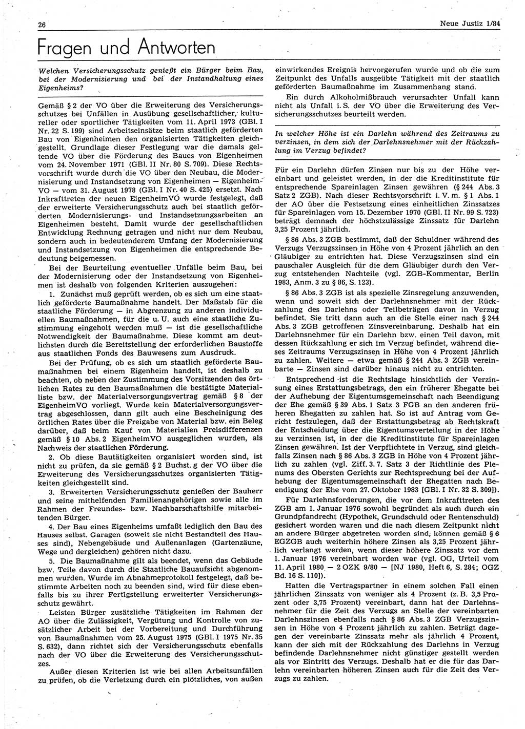 Neue Justiz (NJ), Zeitschrift für sozialistisches Recht und Gesetzlichkeit [Deutsche Demokratische Republik (DDR)], 38. Jahrgang 1984, Seite 26 (NJ DDR 1984, S. 26)