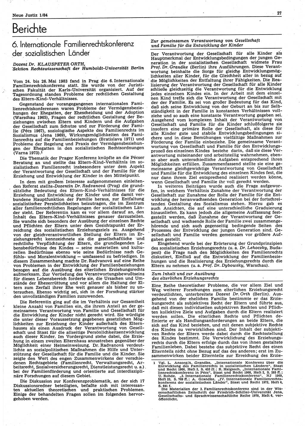 Neue Justiz (NJ), Zeitschrift für sozialistisches Recht und Gesetzlichkeit [Deutsche Demokratische Republik (DDR)], 38. Jahrgang 1984, Seite 27 (NJ DDR 1984, S. 27)