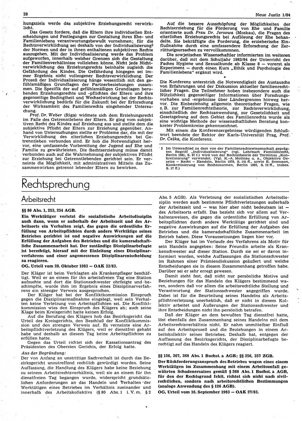 Neue Justiz (NJ), Zeitschrift für sozialistisches Recht und Gesetzlichkeit [Deutsche Demokratische Republik (DDR)], 38. Jahrgang 1984, Seite 28 (NJ DDR 1984, S. 28)