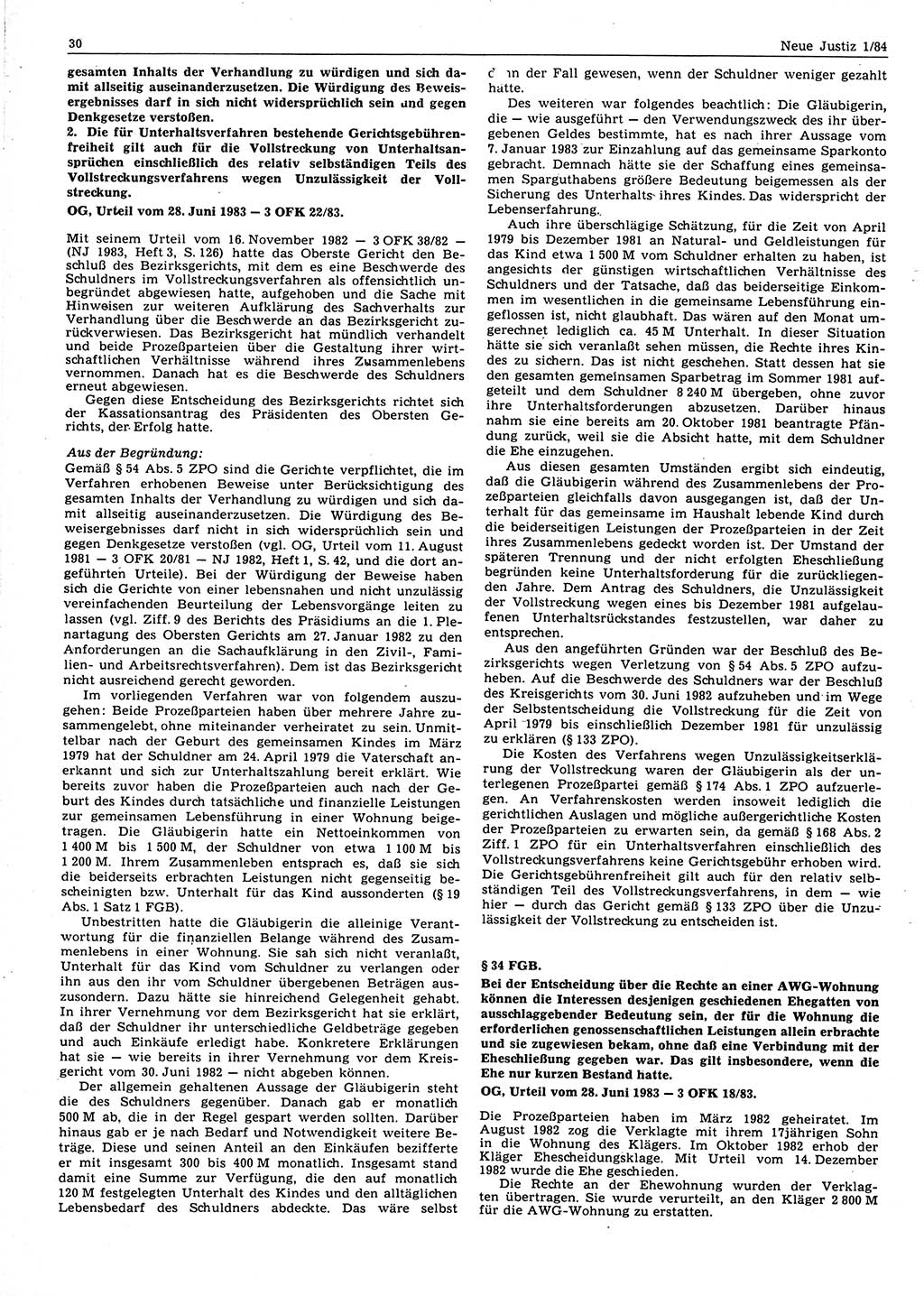 Neue Justiz (NJ), Zeitschrift für sozialistisches Recht und Gesetzlichkeit [Deutsche Demokratische Republik (DDR)], 38. Jahrgang 1984, Seite 30 (NJ DDR 1984, S. 30)