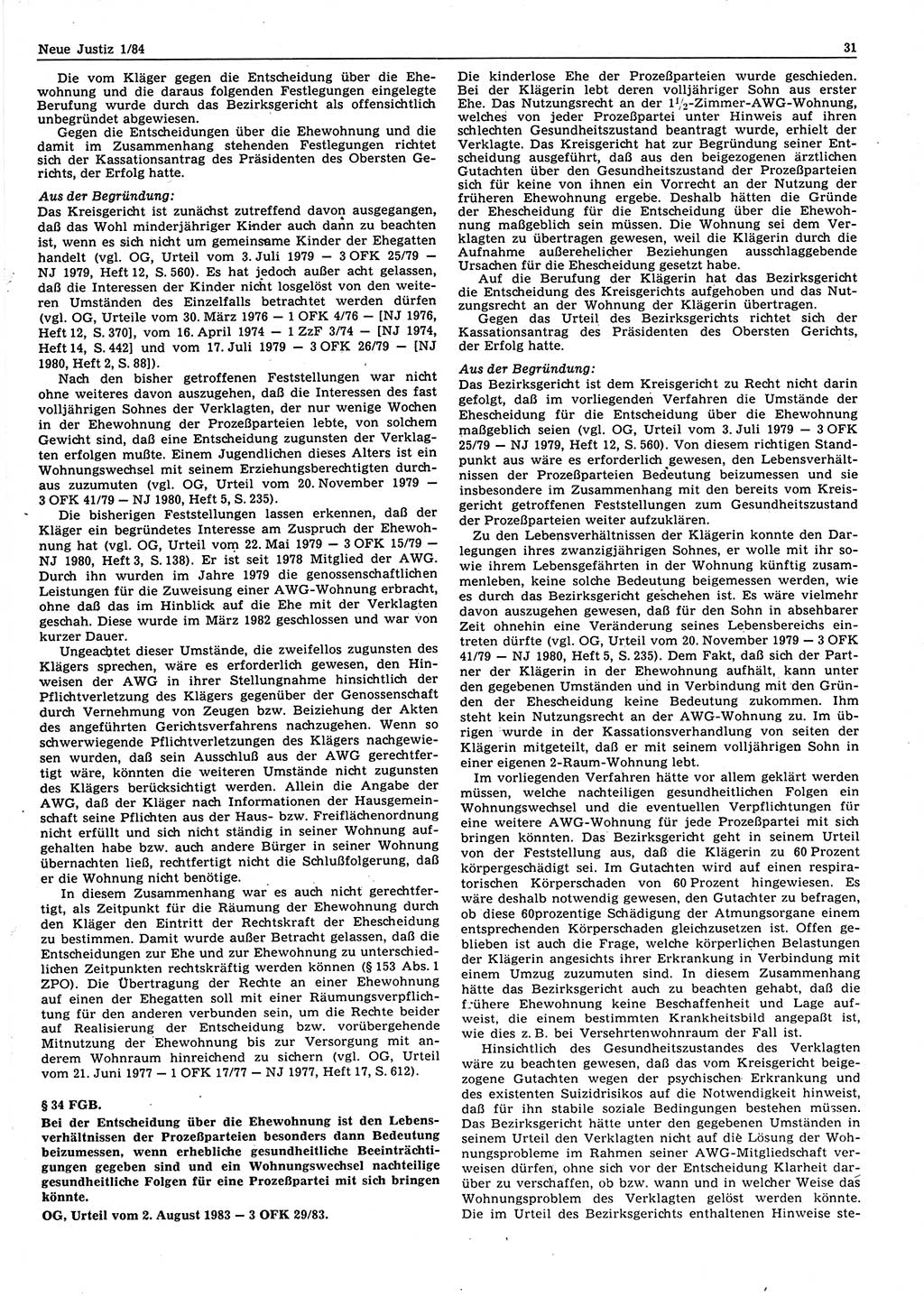 Neue Justiz (NJ), Zeitschrift für sozialistisches Recht und Gesetzlichkeit [Deutsche Demokratische Republik (DDR)], 38. Jahrgang 1984, Seite 31 (NJ DDR 1984, S. 31)