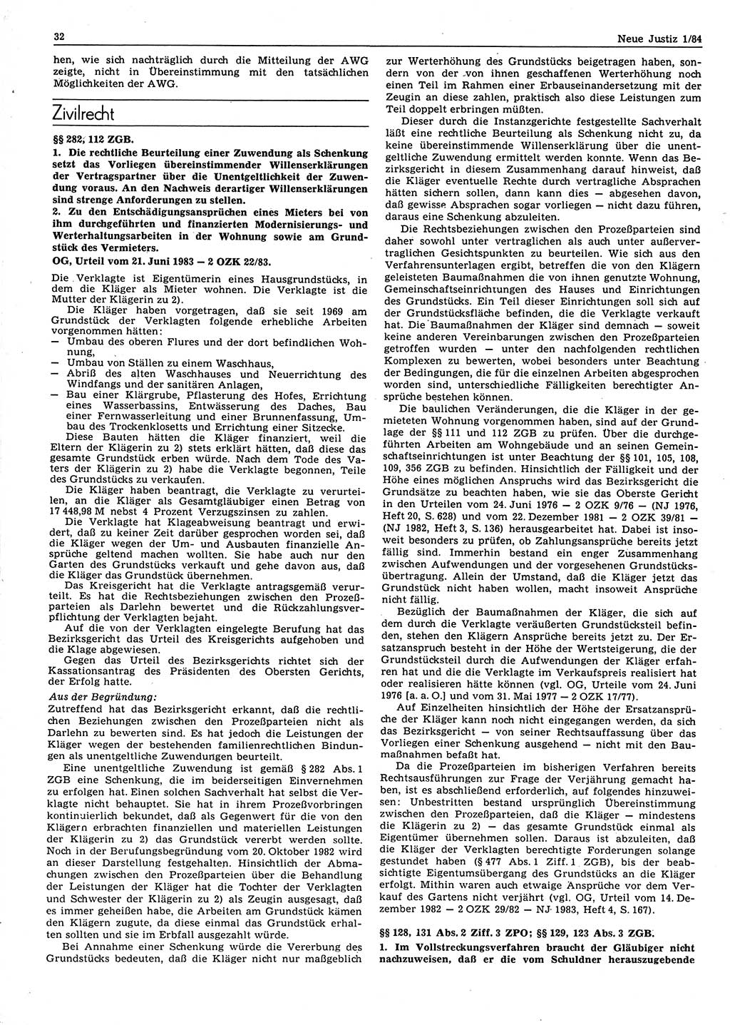 Neue Justiz (NJ), Zeitschrift für sozialistisches Recht und Gesetzlichkeit [Deutsche Demokratische Republik (DDR)], 38. Jahrgang 1984, Seite 32 (NJ DDR 1984, S. 32)