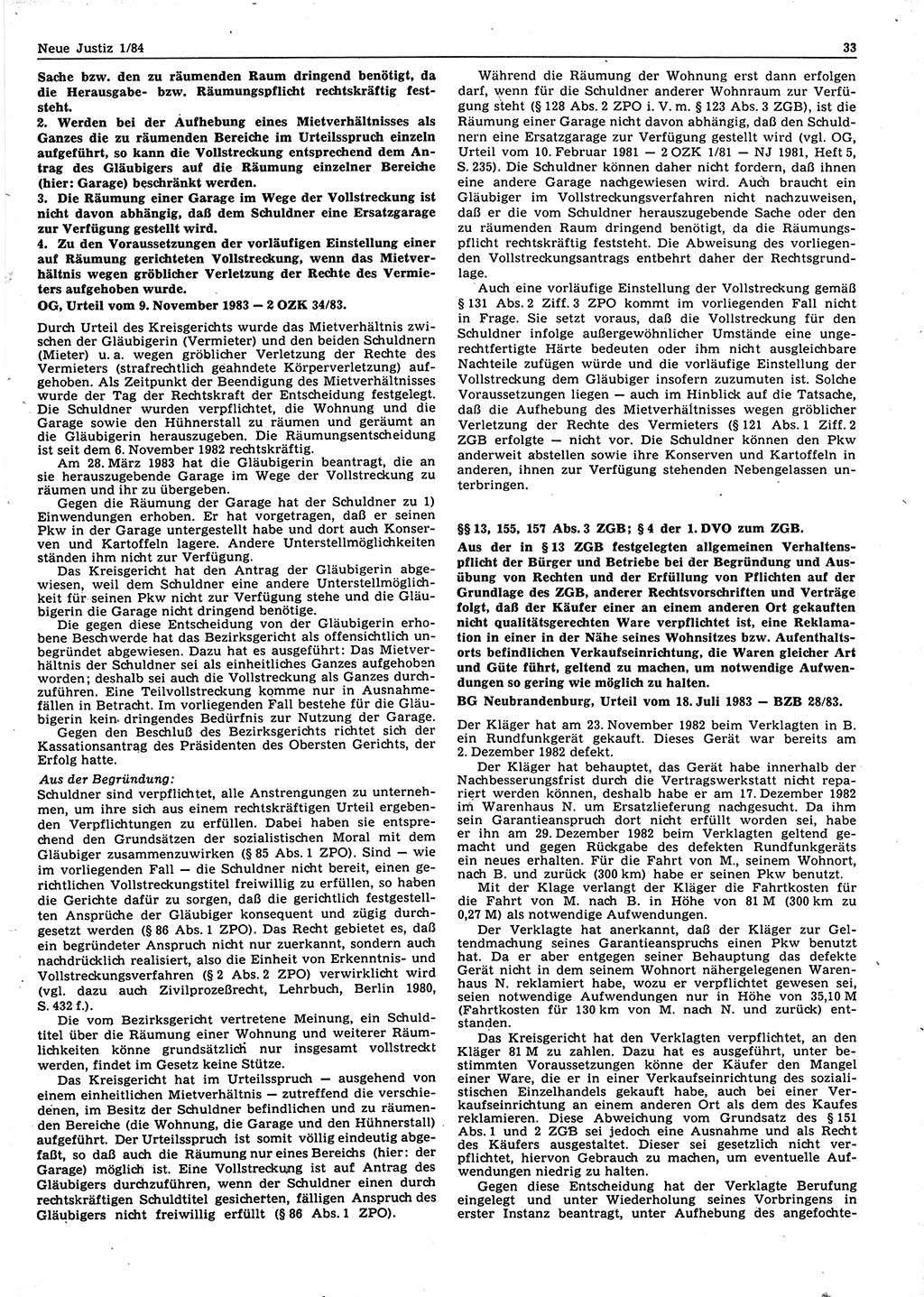 Neue Justiz (NJ), Zeitschrift für sozialistisches Recht und Gesetzlichkeit [Deutsche Demokratische Republik (DDR)], 38. Jahrgang 1984, Seite 33 (NJ DDR 1984, S. 33)