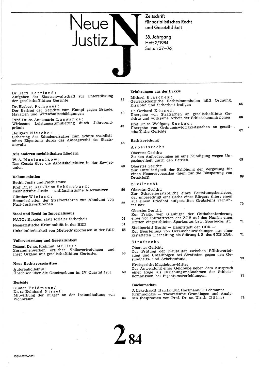 Neue Justiz (NJ), Zeitschrift für sozialistisches Recht und Gesetzlichkeit [Deutsche Demokratische Republik (DDR)], 38. Jahrgang 1984, Seite 37 (NJ DDR 1984, S. 37)