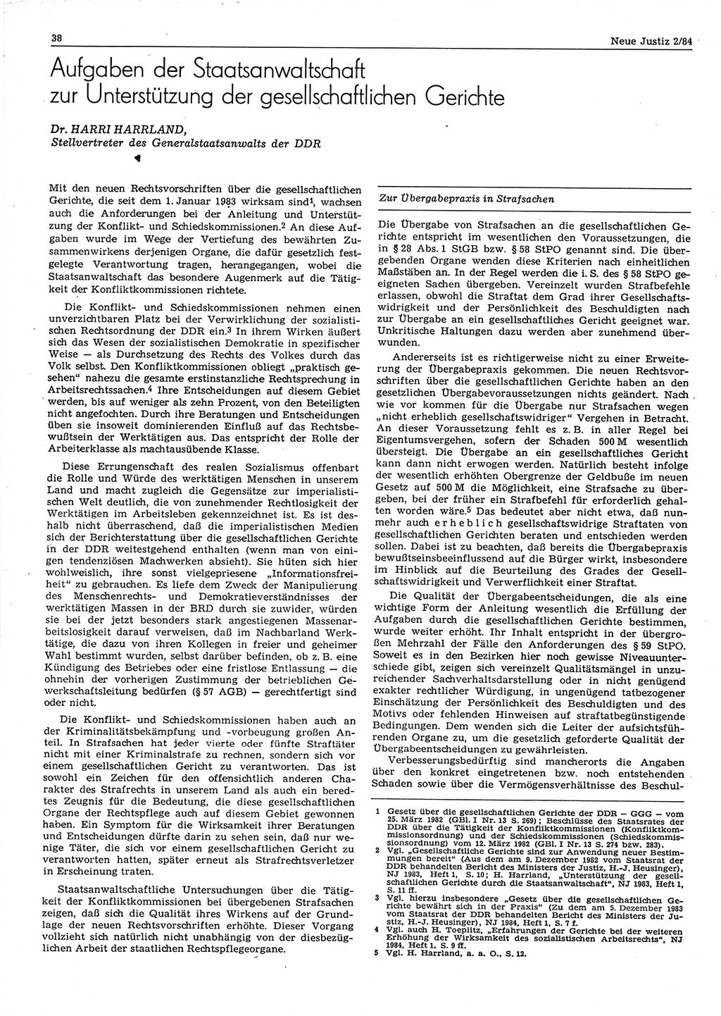 Neue Justiz (NJ), Zeitschrift für sozialistisches Recht und Gesetzlichkeit [Deutsche Demokratische Republik (DDR)], 38. Jahrgang 1984, Seite 38 (NJ DDR 1984, S. 38)