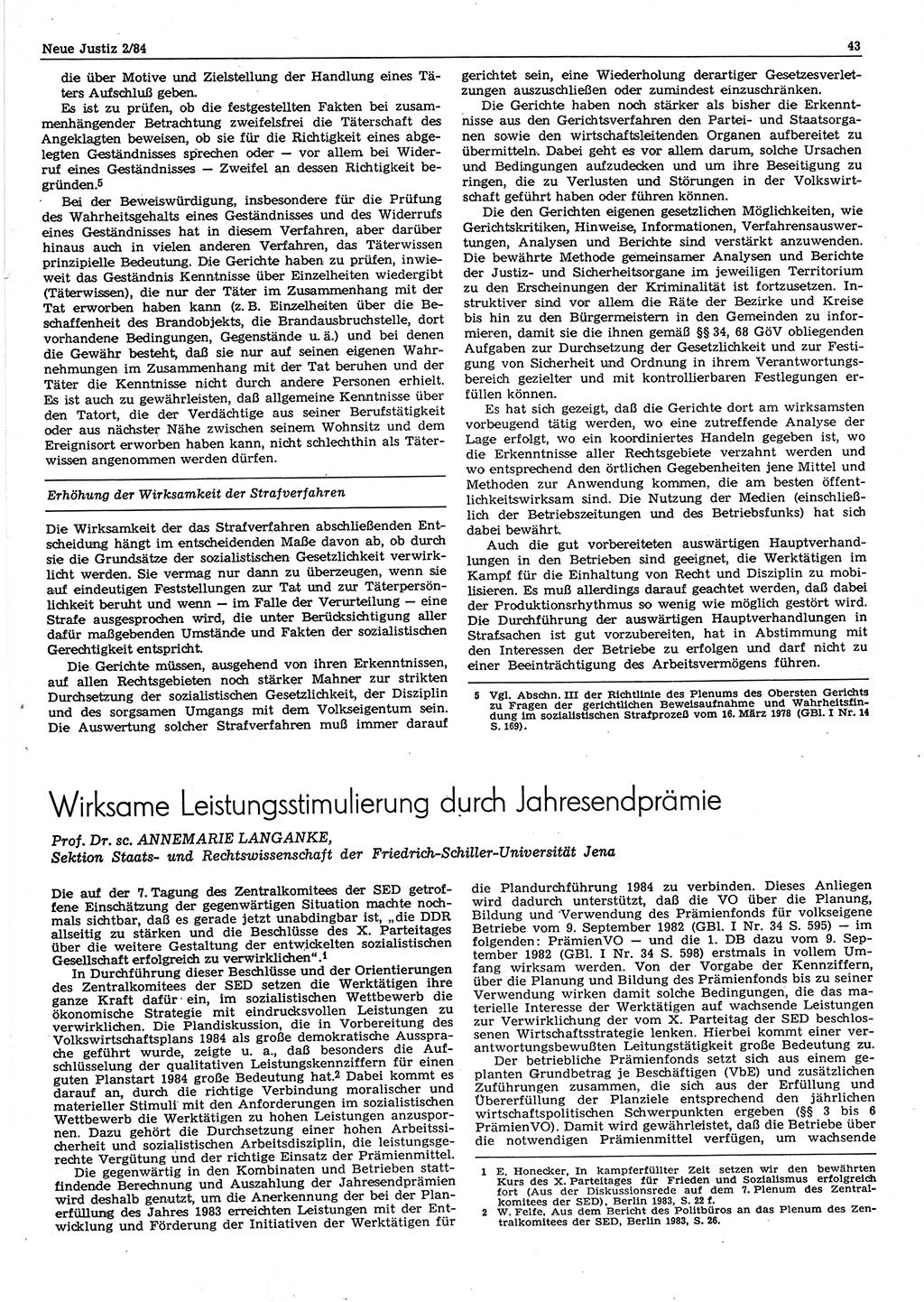 Neue Justiz (NJ), Zeitschrift für sozialistisches Recht und Gesetzlichkeit [Deutsche Demokratische Republik (DDR)], 38. Jahrgang 1984, Seite 43 (NJ DDR 1984, S. 43)