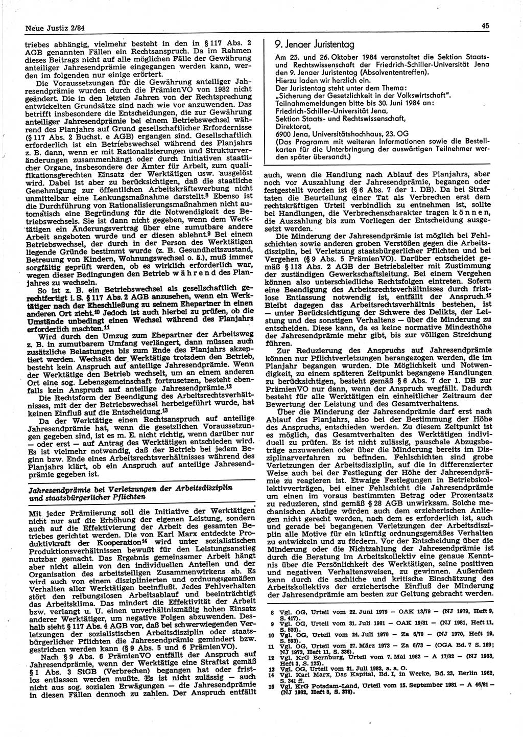 Neue Justiz (NJ), Zeitschrift für sozialistisches Recht und Gesetzlichkeit [Deutsche Demokratische Republik (DDR)], 38. Jahrgang 1984, Seite 45 (NJ DDR 1984, S. 45)