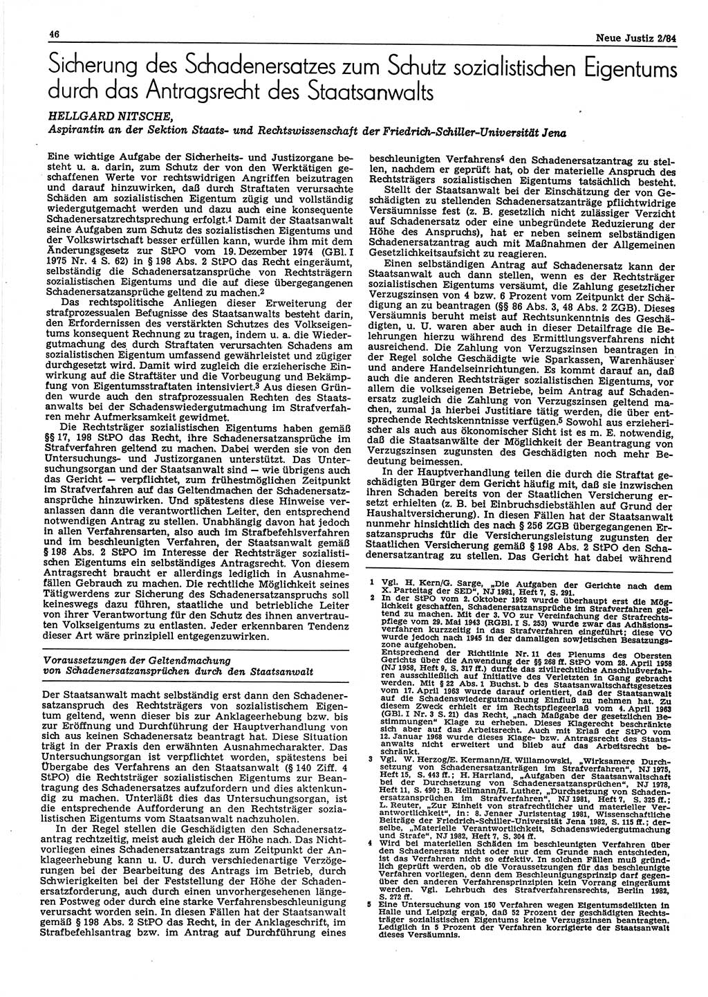 Neue Justiz (NJ), Zeitschrift für sozialistisches Recht und Gesetzlichkeit [Deutsche Demokratische Republik (DDR)], 38. Jahrgang 1984, Seite 46 (NJ DDR 1984, S. 46)