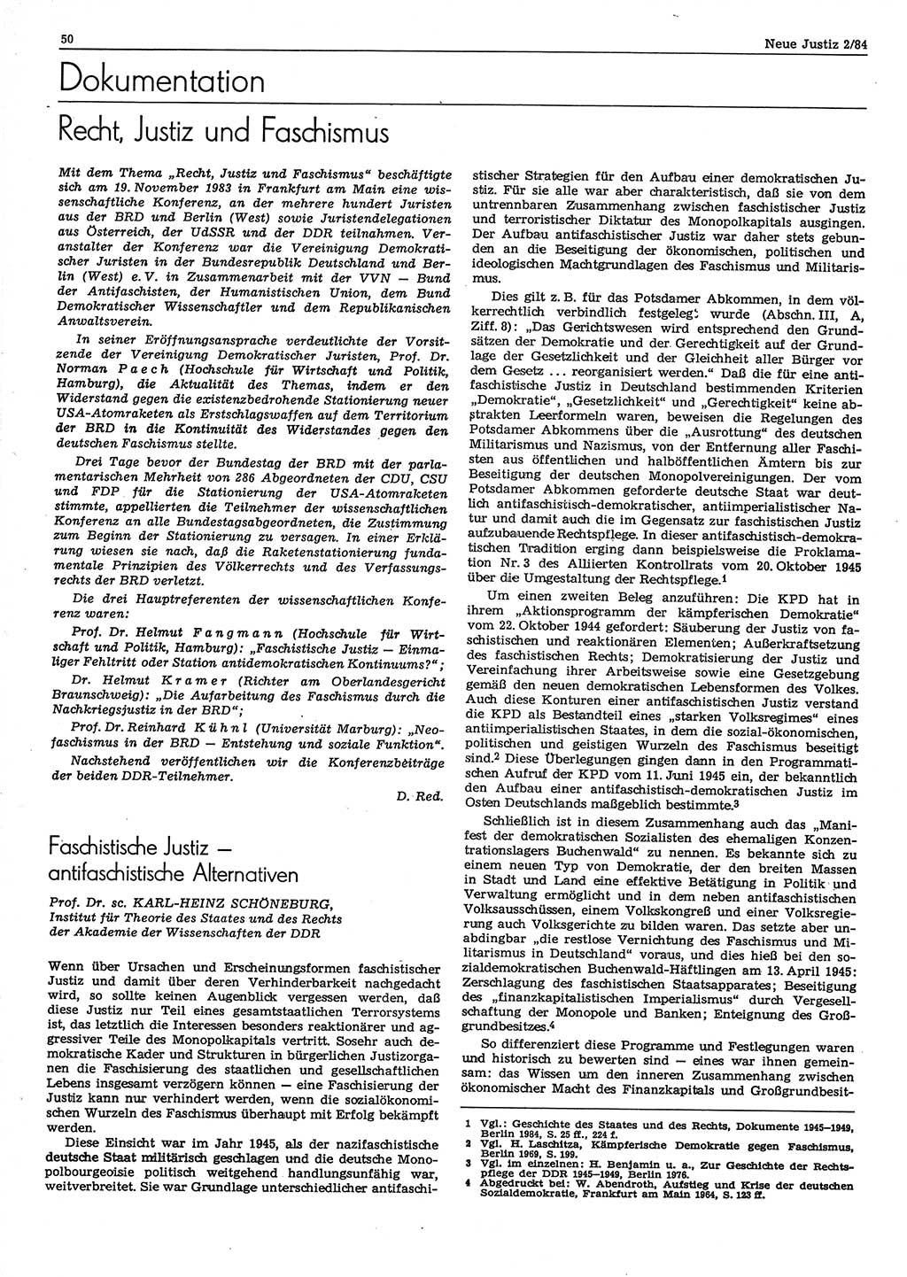 Neue Justiz (NJ), Zeitschrift für sozialistisches Recht und Gesetzlichkeit [Deutsche Demokratische Republik (DDR)], 38. Jahrgang 1984, Seite 50 (NJ DDR 1984, S. 50)