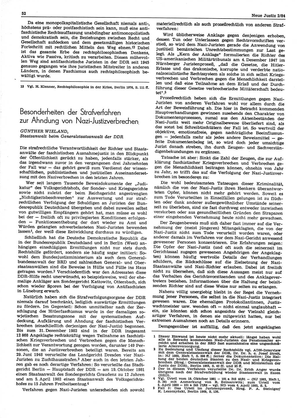 Neue Justiz (NJ), Zeitschrift für sozialistisches Recht und Gesetzlichkeit [Deutsche Demokratische Republik (DDR)], 38. Jahrgang 1984, Seite 52 (NJ DDR 1984, S. 52)