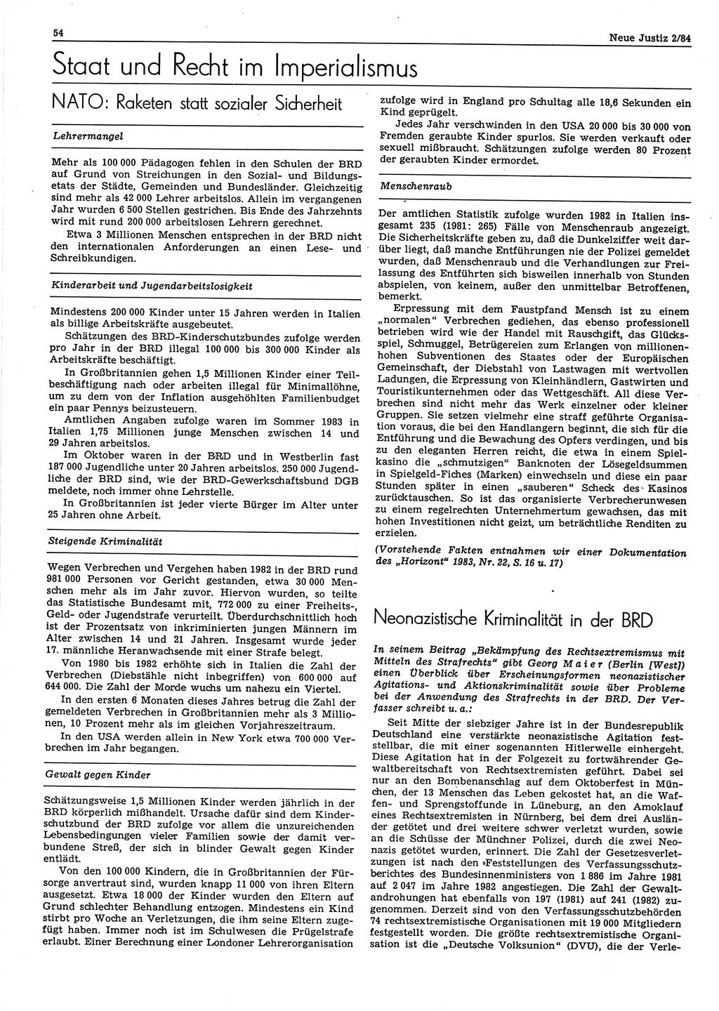 Neue Justiz (NJ), Zeitschrift für sozialistisches Recht und Gesetzlichkeit [Deutsche Demokratische Republik (DDR)], 38. Jahrgang 1984, Seite 54 (NJ DDR 1984, S. 54)