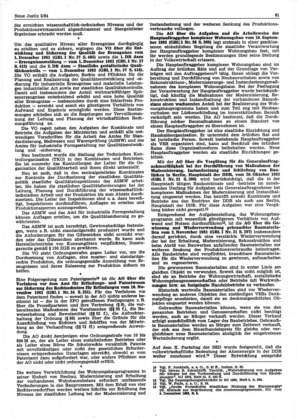 Neue Justiz (NJ), Zeitschrift für sozialistisches Recht und Gesetzlichkeit [Deutsche Demokratische Republik (DDR)], 38. Jahrgang 1984, Seite 61 (NJ DDR 1984, S. 61)