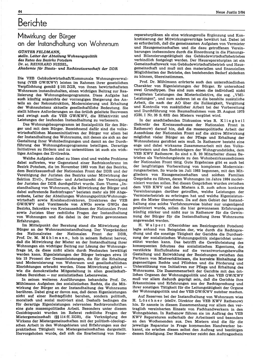 Neue Justiz (NJ), Zeitschrift für sozialistisches Recht und Gesetzlichkeit [Deutsche Demokratische Republik (DDR)], 38. Jahrgang 1984, Seite 64 (NJ DDR 1984, S. 64)