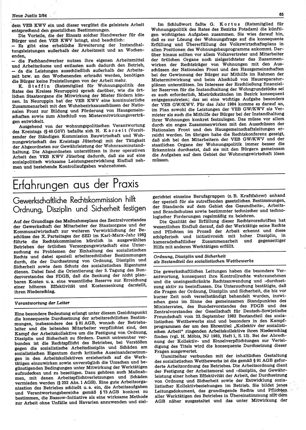 Neue Justiz (NJ), Zeitschrift für sozialistisches Recht und Gesetzlichkeit [Deutsche Demokratische Republik (DDR)], 38. Jahrgang 1984, Seite 65 (NJ DDR 1984, S. 65)