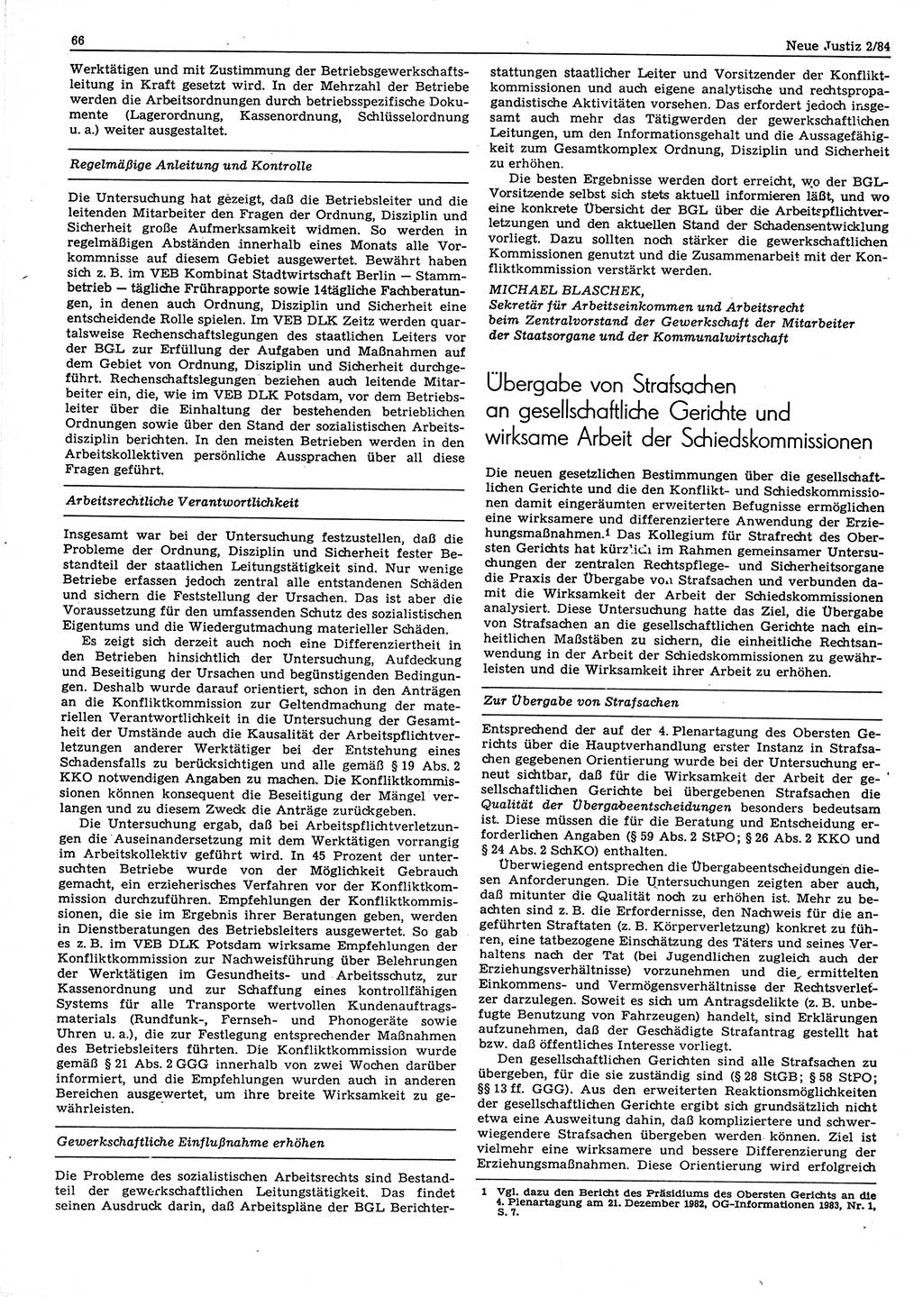 Neue Justiz (NJ), Zeitschrift für sozialistisches Recht und Gesetzlichkeit [Deutsche Demokratische Republik (DDR)], 38. Jahrgang 1984, Seite 66 (NJ DDR 1984, S. 66)