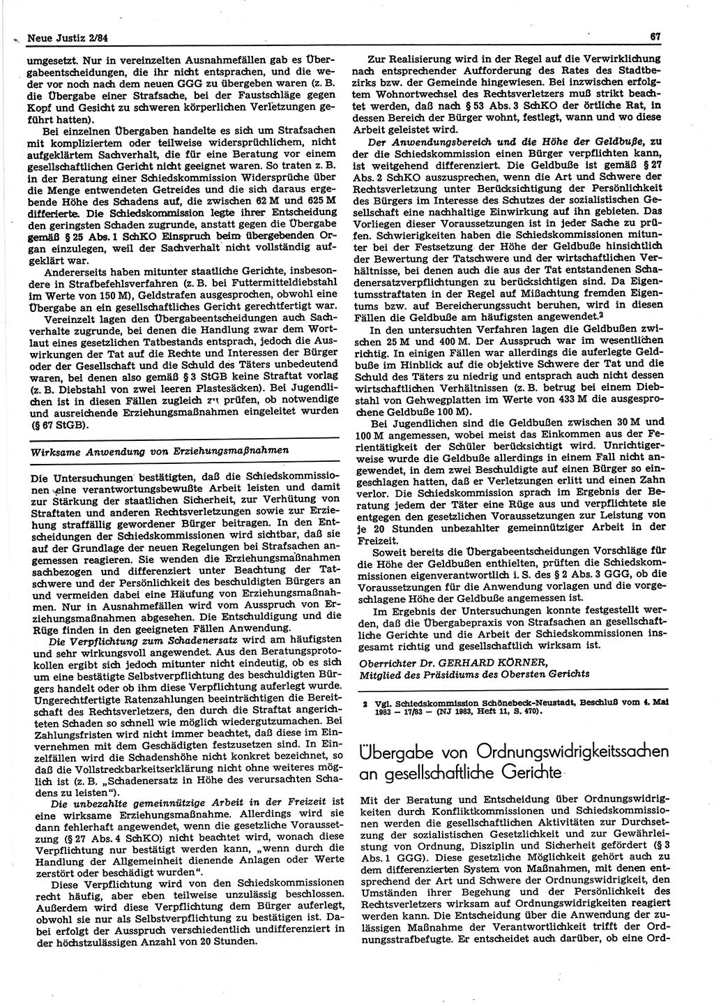 Neue Justiz (NJ), Zeitschrift für sozialistisches Recht und Gesetzlichkeit [Deutsche Demokratische Republik (DDR)], 38. Jahrgang 1984, Seite 67 (NJ DDR 1984, S. 67)