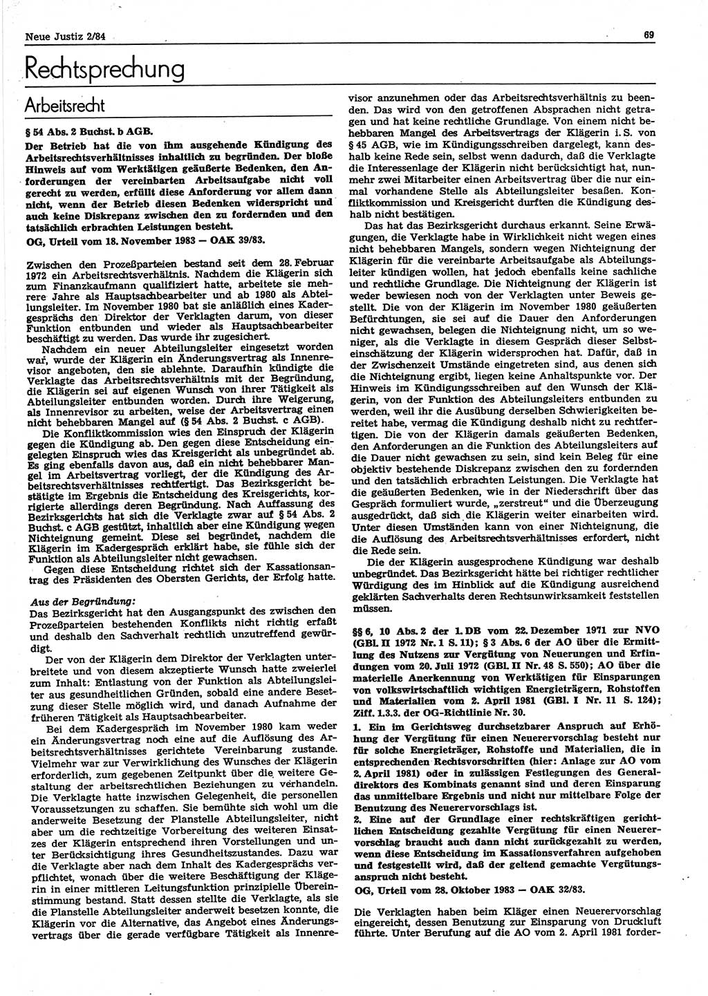 Neue Justiz (NJ), Zeitschrift für sozialistisches Recht und Gesetzlichkeit [Deutsche Demokratische Republik (DDR)], 38. Jahrgang 1984, Seite 69 (NJ DDR 1984, S. 69)