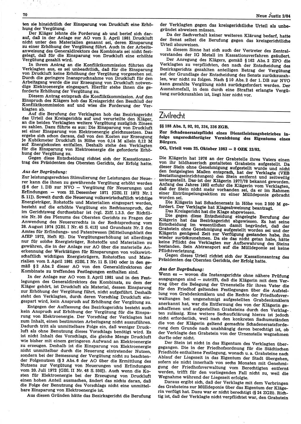 Neue Justiz (NJ), Zeitschrift für sozialistisches Recht und Gesetzlichkeit [Deutsche Demokratische Republik (DDR)], 38. Jahrgang 1984, Seite 70 (NJ DDR 1984, S. 70)