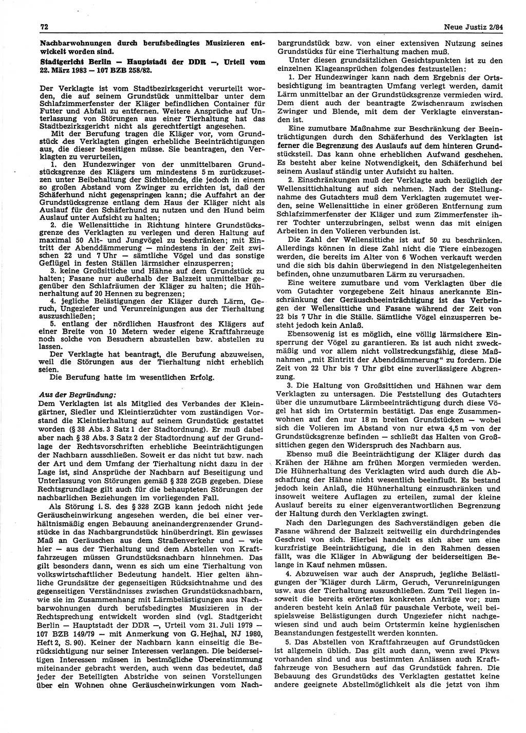 Neue Justiz (NJ), Zeitschrift für sozialistisches Recht und Gesetzlichkeit [Deutsche Demokratische Republik (DDR)], 38. Jahrgang 1984, Seite 72 (NJ DDR 1984, S. 72)