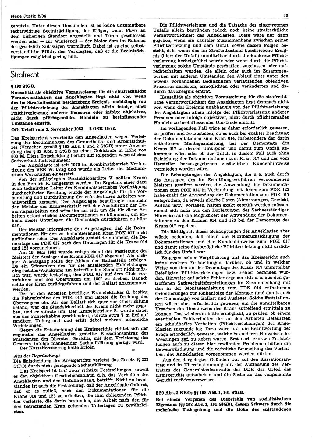 Neue Justiz (NJ), Zeitschrift für sozialistisches Recht und Gesetzlichkeit [Deutsche Demokratische Republik (DDR)], 38. Jahrgang 1984, Seite 73 (NJ DDR 1984, S. 73)