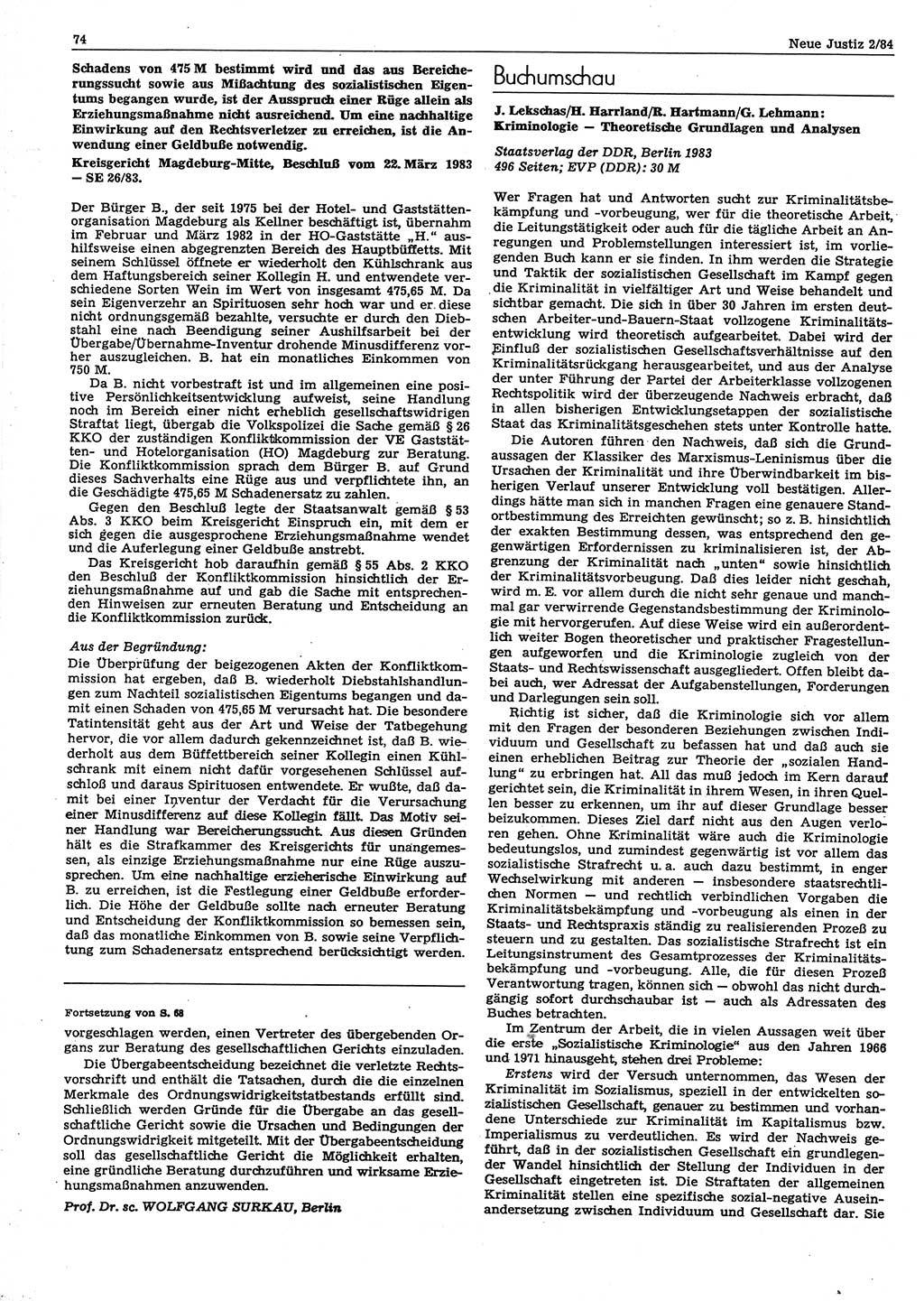 Neue Justiz (NJ), Zeitschrift für sozialistisches Recht und Gesetzlichkeit [Deutsche Demokratische Republik (DDR)], 38. Jahrgang 1984, Seite 74 (NJ DDR 1984, S. 74)