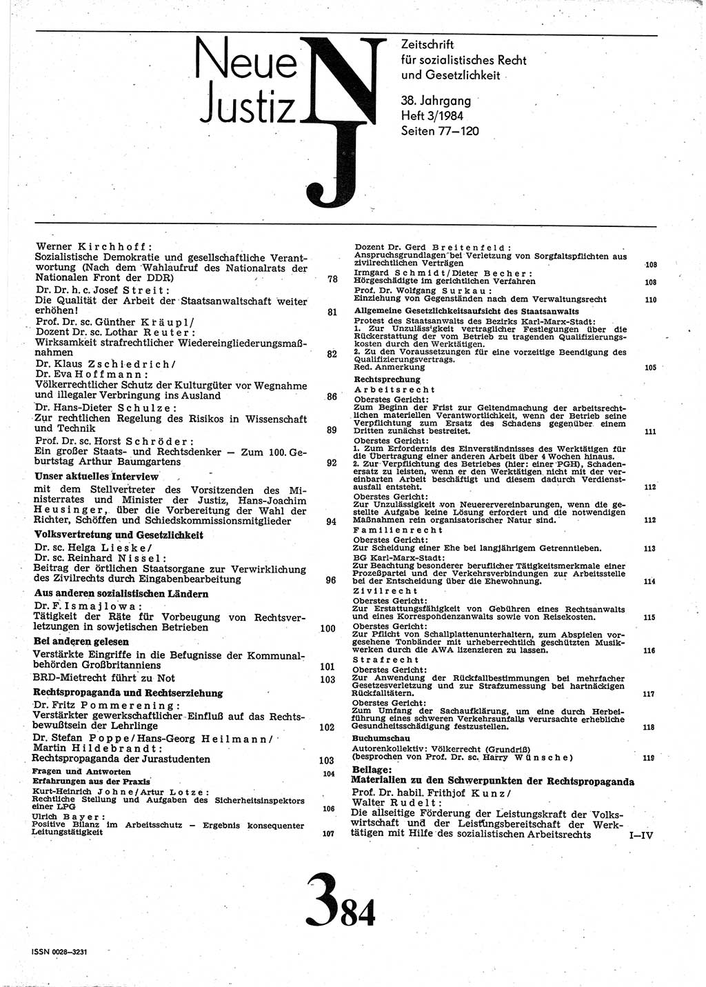 Neue Justiz (NJ), Zeitschrift für sozialistisches Recht und Gesetzlichkeit [Deutsche Demokratische Republik (DDR)], 38. Jahrgang 1984, Seite 77 (NJ DDR 1984, S. 77)