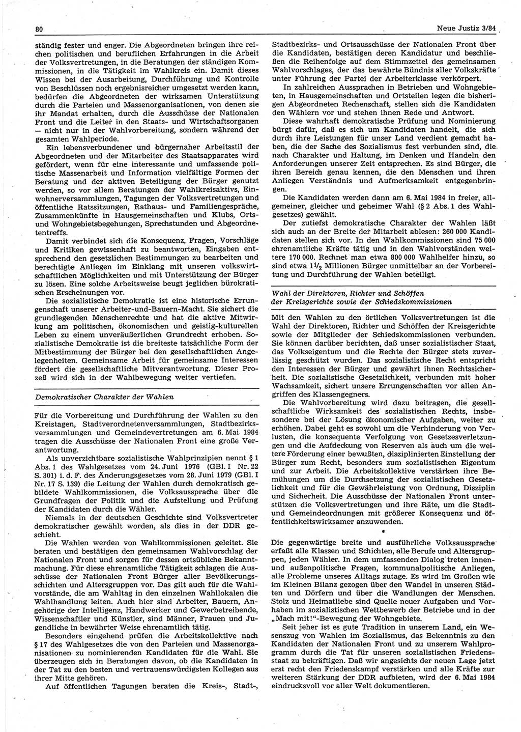 Neue Justiz (NJ), Zeitschrift für sozialistisches Recht und Gesetzlichkeit [Deutsche Demokratische Republik (DDR)], 38. Jahrgang 1984, Seite 80 (NJ DDR 1984, S. 80)