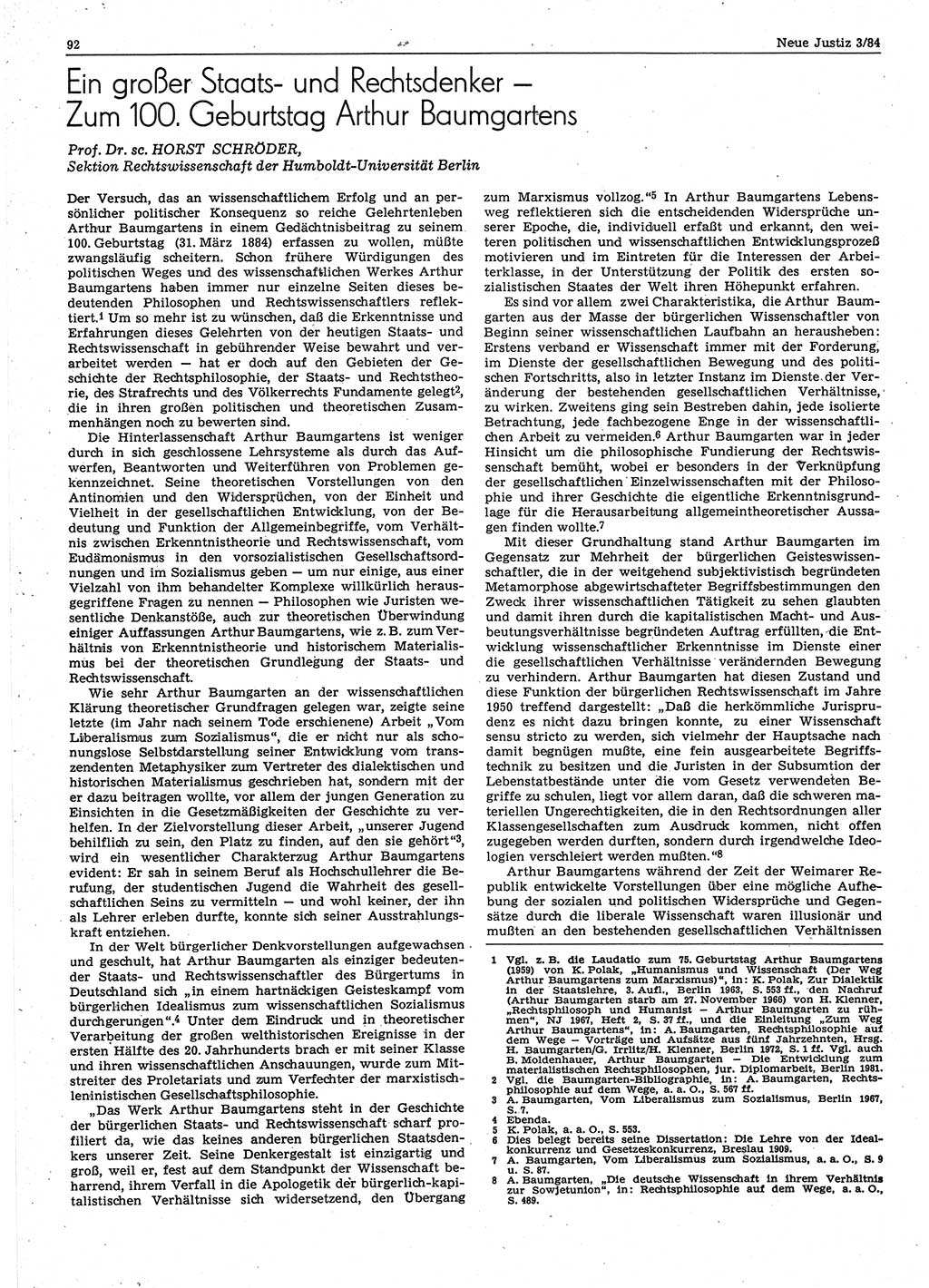 Neue Justiz (NJ), Zeitschrift für sozialistisches Recht und Gesetzlichkeit [Deutsche Demokratische Republik (DDR)], 38. Jahrgang 1984, Seite 92 (NJ DDR 1984, S. 92)