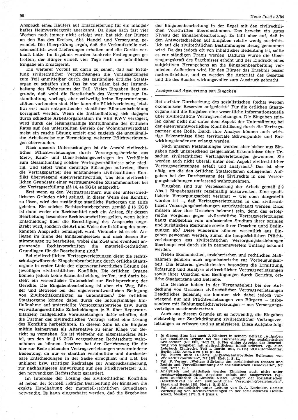 Neue Justiz (NJ), Zeitschrift für sozialistisches Recht und Gesetzlichkeit [Deutsche Demokratische Republik (DDR)], 38. Jahrgang 1984, Seite 98 (NJ DDR 1984, S. 98)