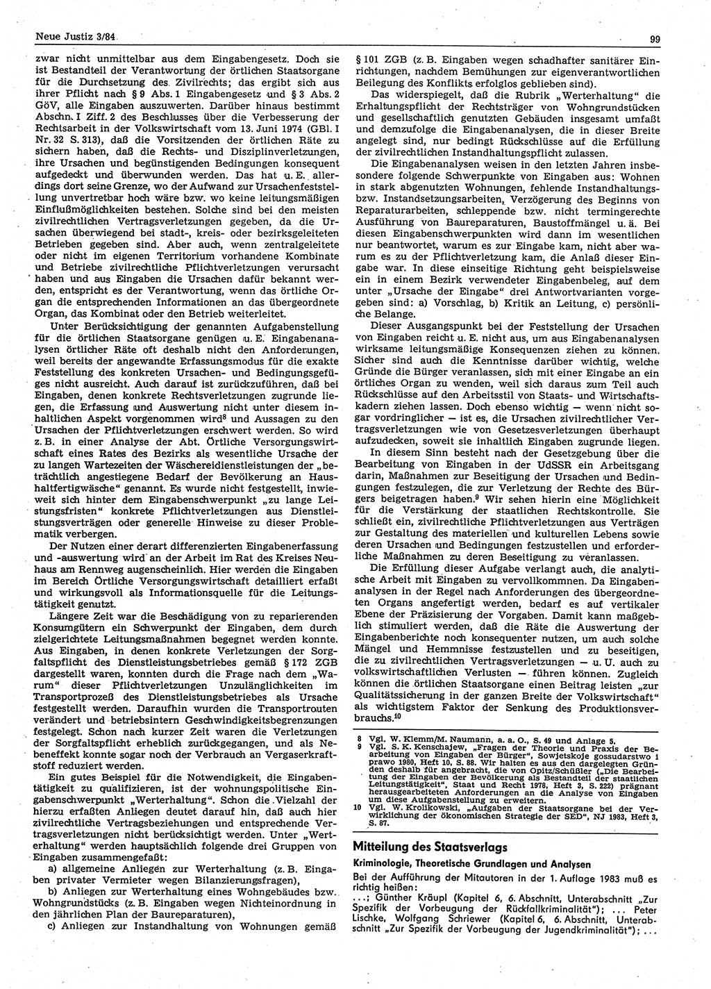 Neue Justiz (NJ), Zeitschrift für sozialistisches Recht und Gesetzlichkeit [Deutsche Demokratische Republik (DDR)], 38. Jahrgang 1984, Seite 99 (NJ DDR 1984, S. 99)