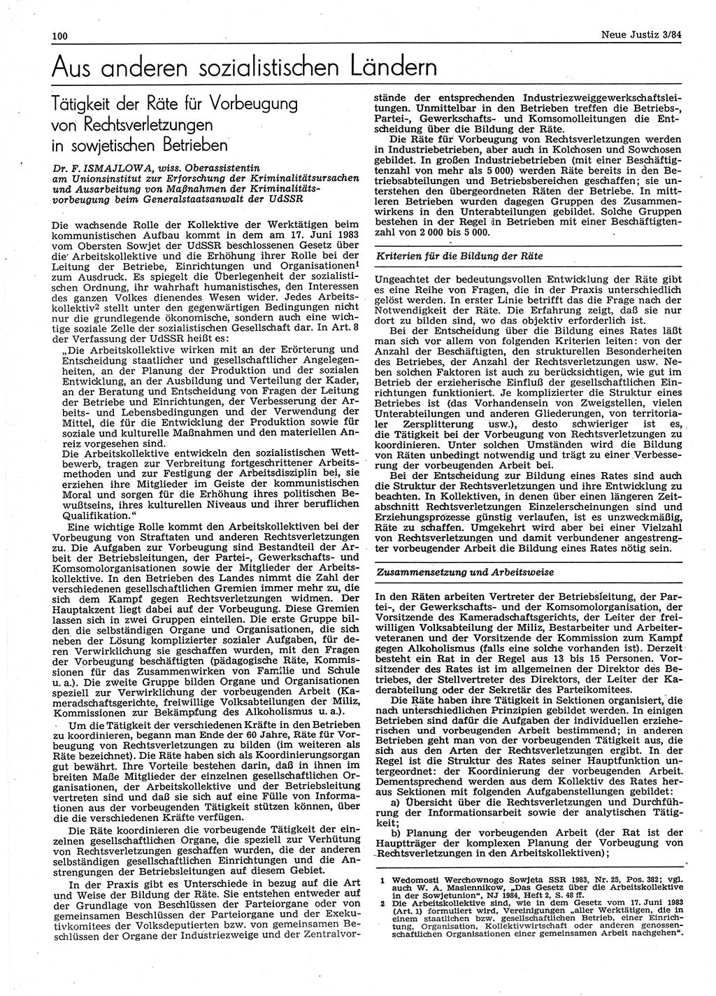 Neue Justiz (NJ), Zeitschrift für sozialistisches Recht und Gesetzlichkeit [Deutsche Demokratische Republik (DDR)], 38. Jahrgang 1984, Seite 100 (NJ DDR 1984, S. 100)
