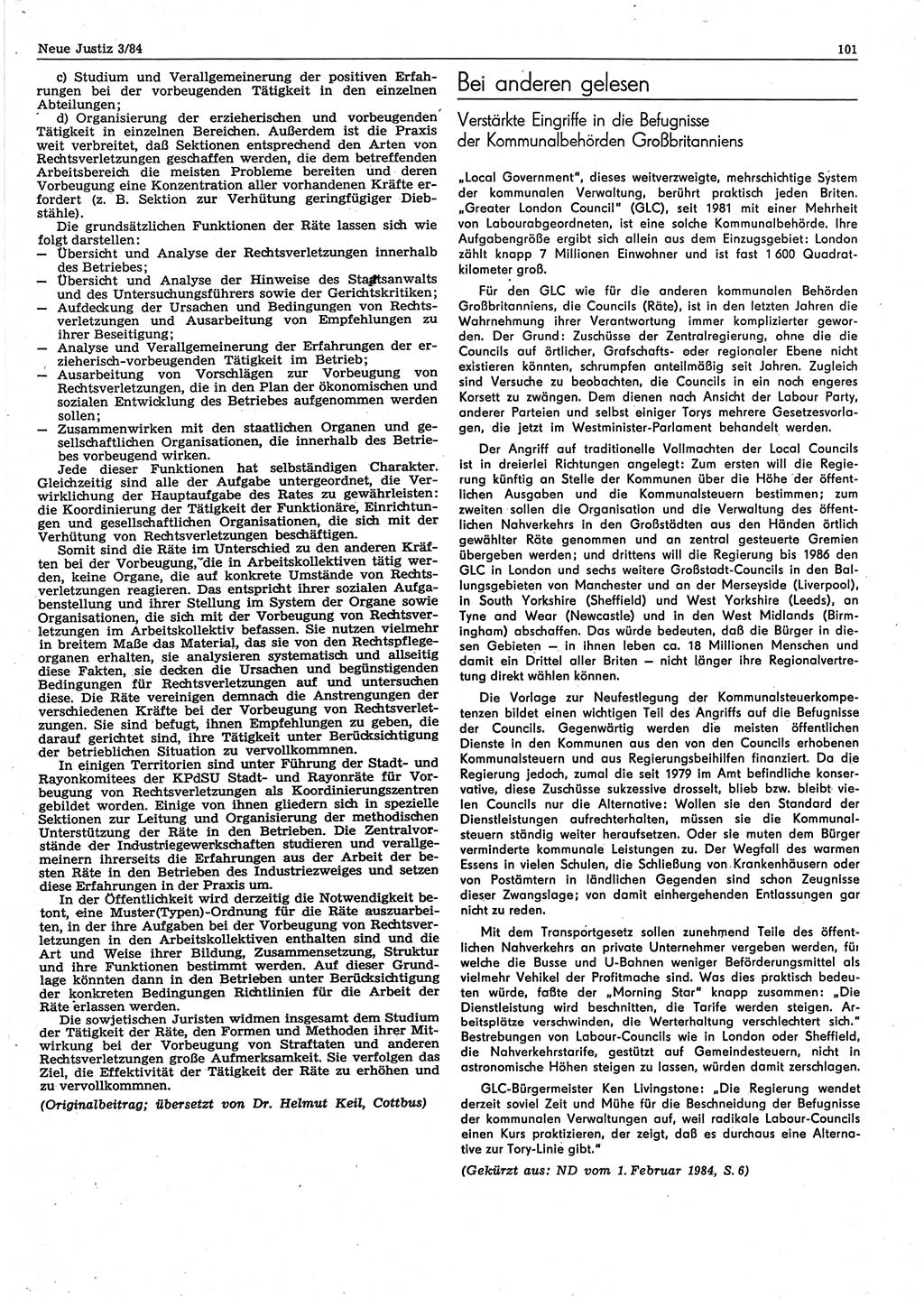 Neue Justiz (NJ), Zeitschrift für sozialistisches Recht und Gesetzlichkeit [Deutsche Demokratische Republik (DDR)], 38. Jahrgang 1984, Seite 101 (NJ DDR 1984, S. 101)