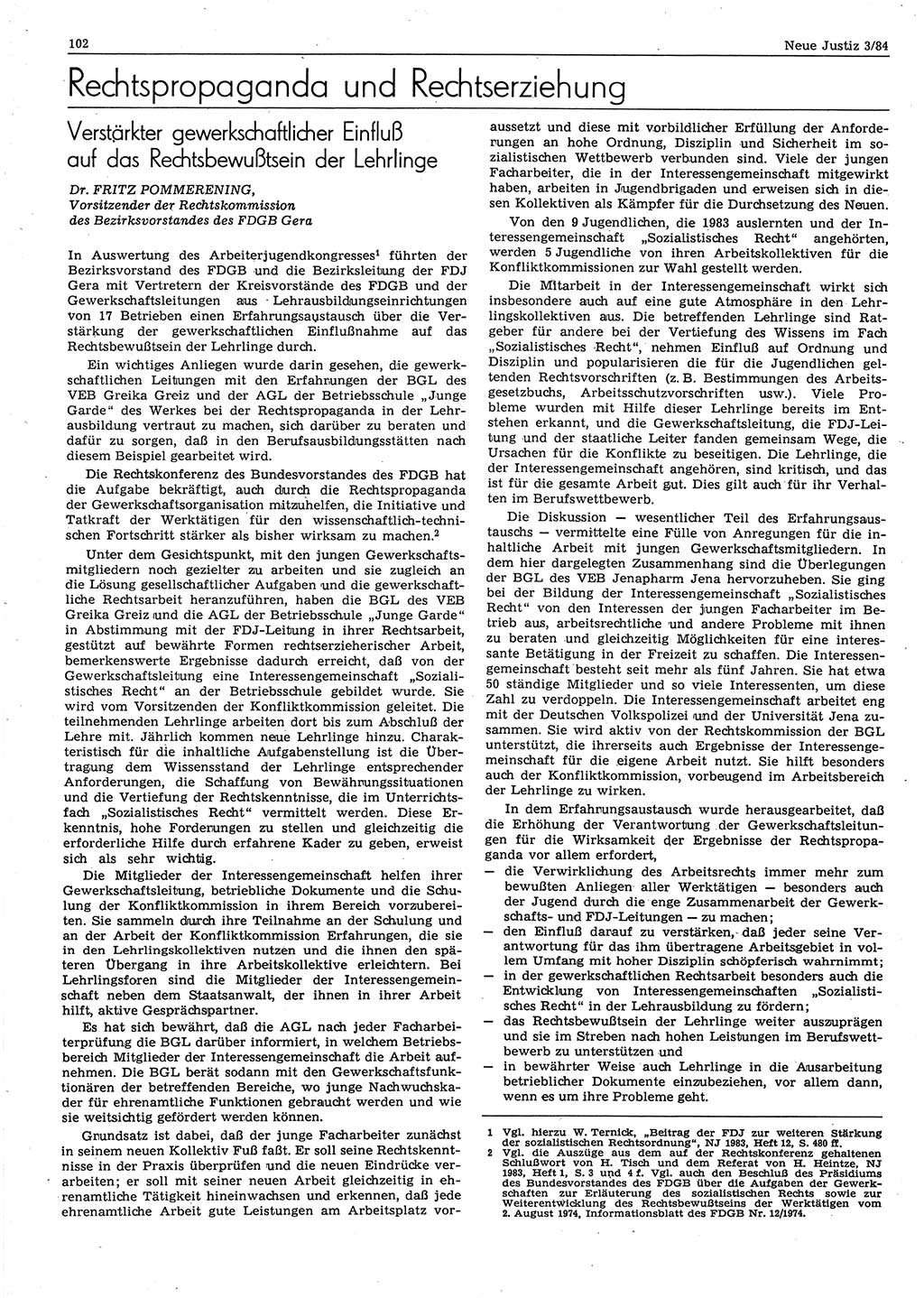Neue Justiz (NJ), Zeitschrift für sozialistisches Recht und Gesetzlichkeit [Deutsche Demokratische Republik (DDR)], 38. Jahrgang 1984, Seite 102 (NJ DDR 1984, S. 102)