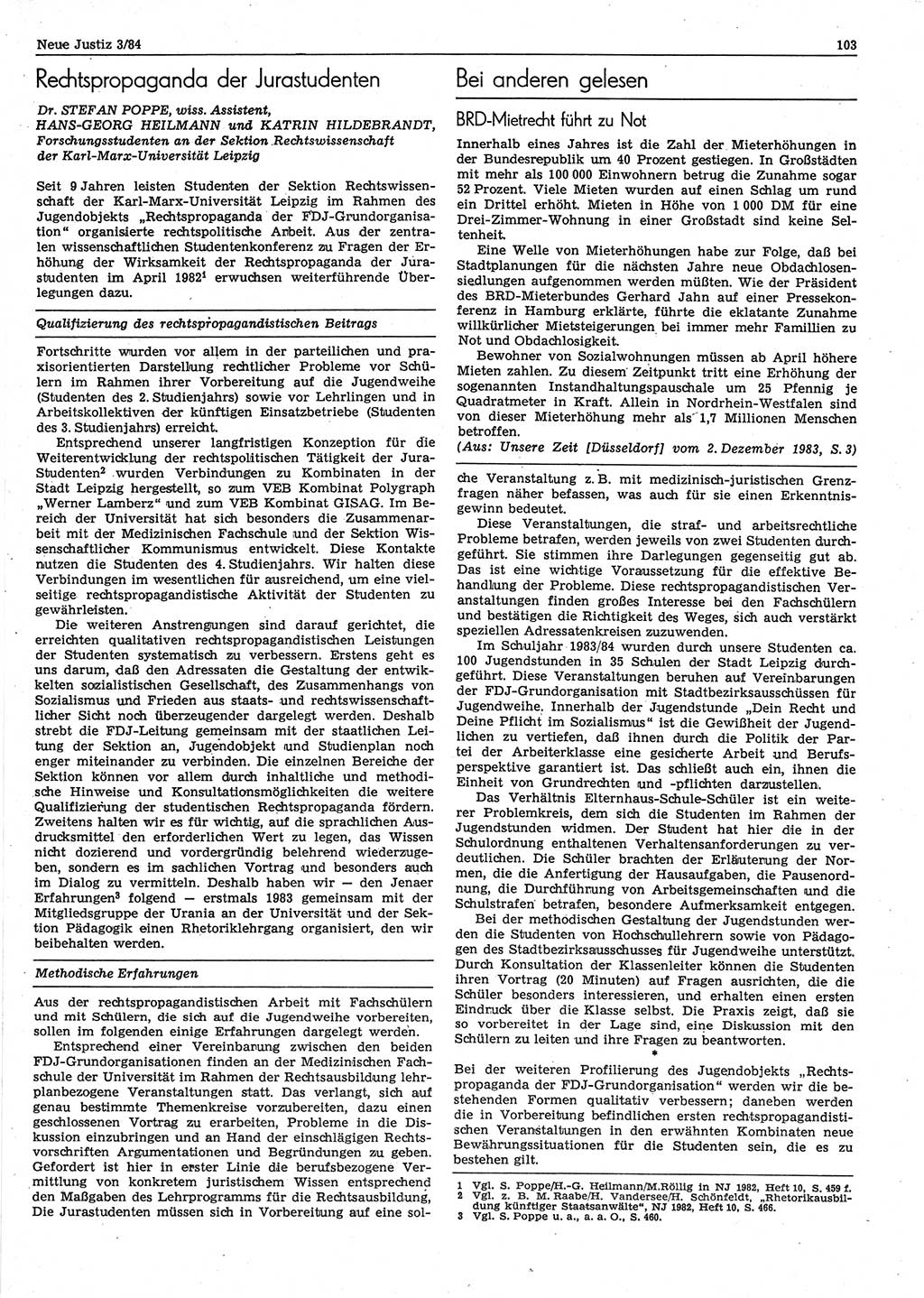 Neue Justiz (NJ), Zeitschrift für sozialistisches Recht und Gesetzlichkeit [Deutsche Demokratische Republik (DDR)], 38. Jahrgang 1984, Seite 103 (NJ DDR 1984, S. 103)