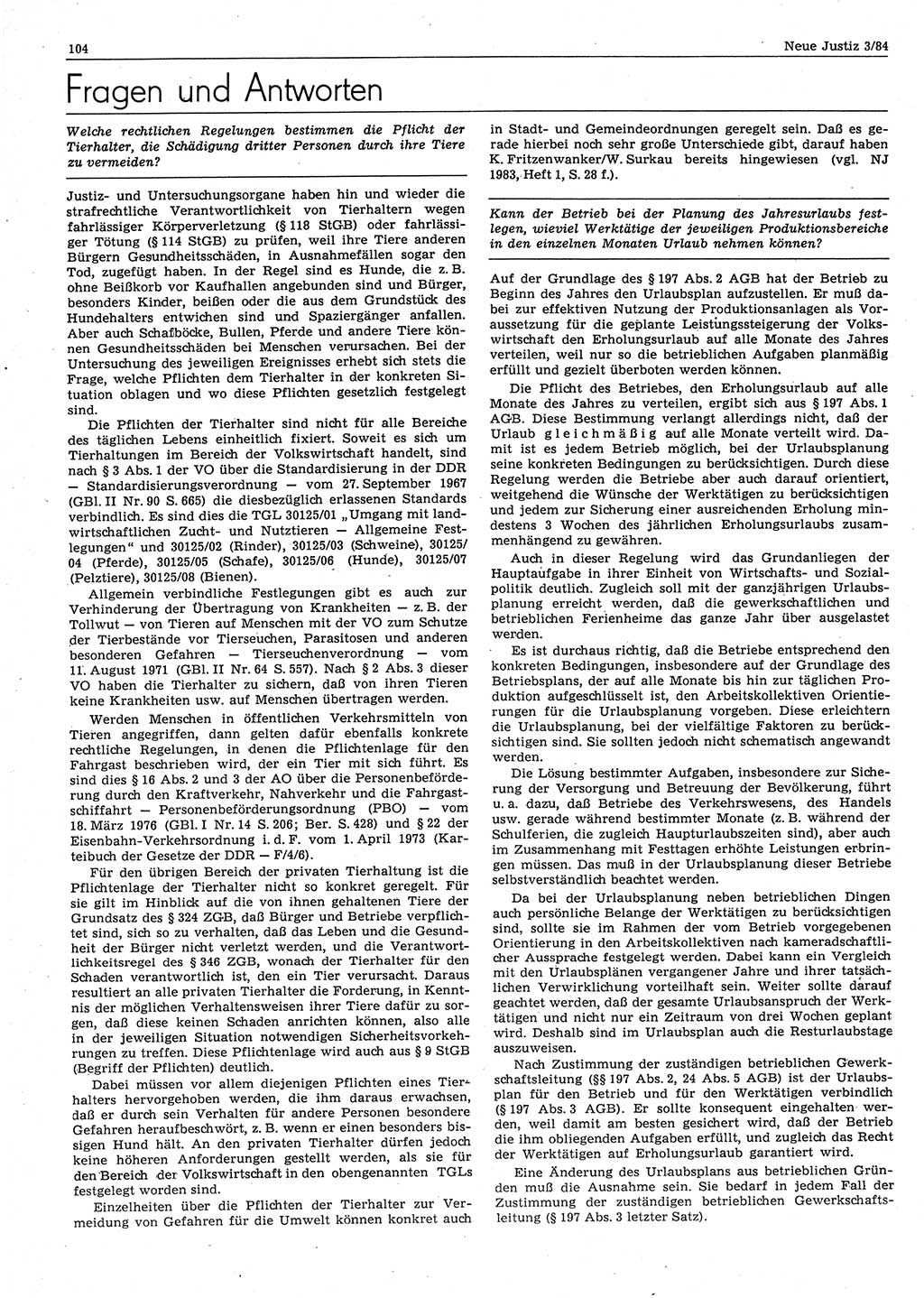 Neue Justiz (NJ), Zeitschrift für sozialistisches Recht und Gesetzlichkeit [Deutsche Demokratische Republik (DDR)], 38. Jahrgang 1984, Seite 104 (NJ DDR 1984, S. 104)
