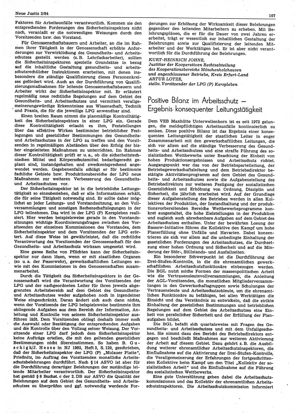 Neue Justiz (NJ), Zeitschrift für sozialistisches Recht und Gesetzlichkeit [Deutsche Demokratische Republik (DDR)], 38. Jahrgang 1984, Seite 107 (NJ DDR 1984, S. 107)