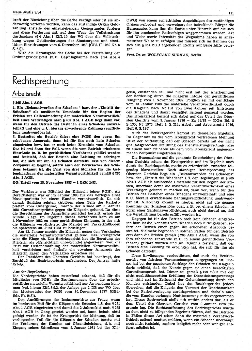 Neue Justiz (NJ), Zeitschrift für sozialistisches Recht und Gesetzlichkeit [Deutsche Demokratische Republik (DDR)], 38. Jahrgang 1984, Seite 111 (NJ DDR 1984, S. 111)