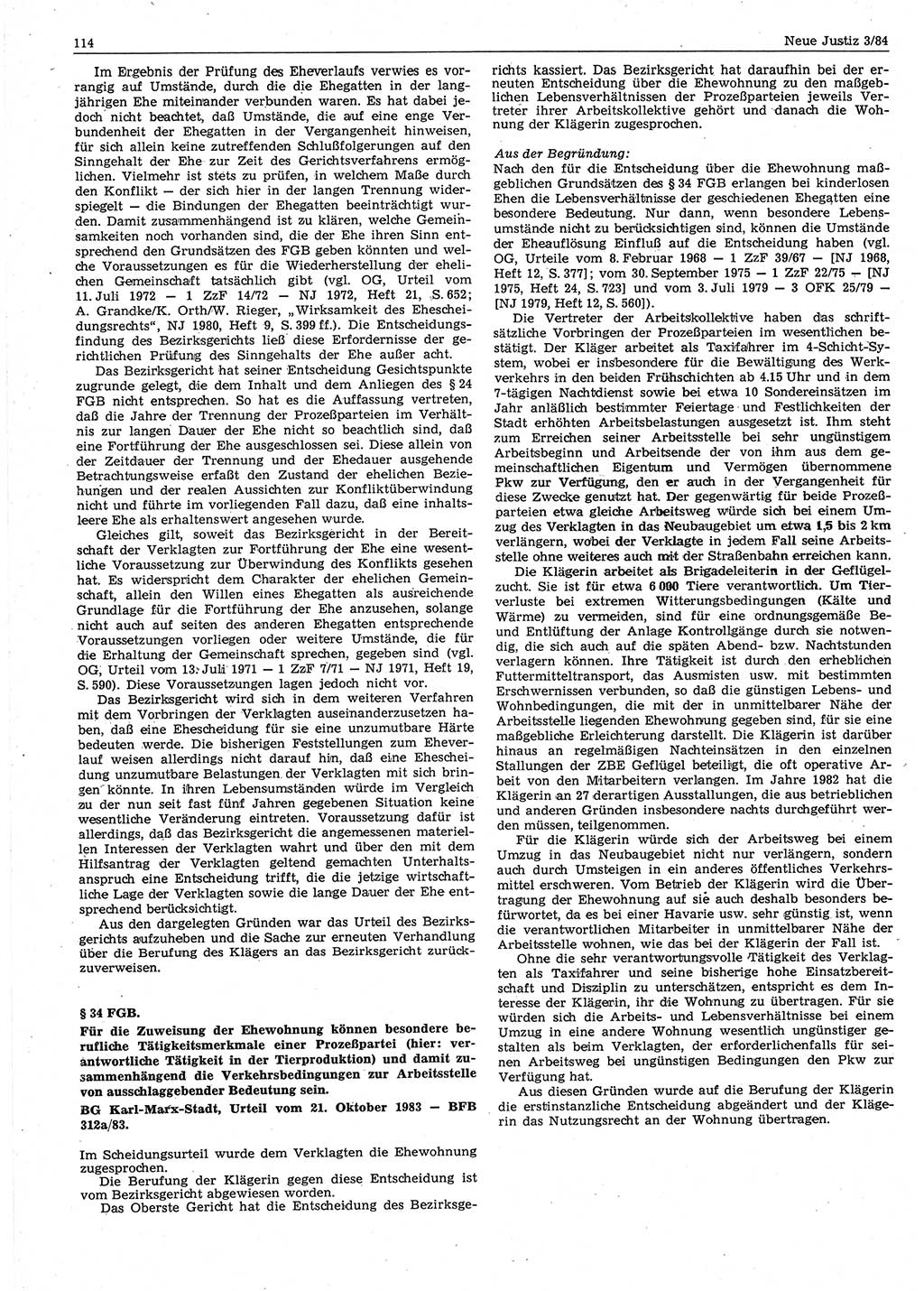 Neue Justiz (NJ), Zeitschrift für sozialistisches Recht und Gesetzlichkeit [Deutsche Demokratische Republik (DDR)], 38. Jahrgang 1984, Seite 114 (NJ DDR 1984, S. 114)